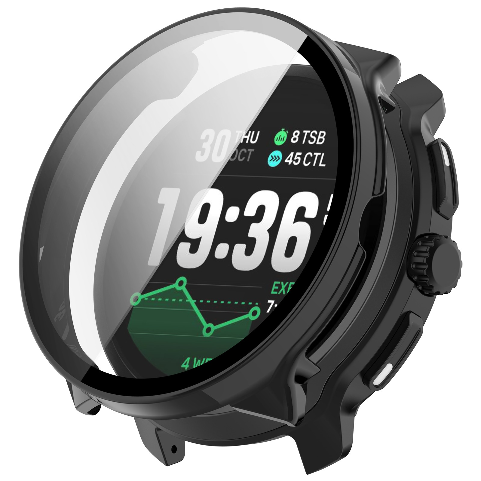 Smartwatch nera con display digitale che mostra ora, data e dati attività. L'orologio ha vetro protettivo e pulsanti.