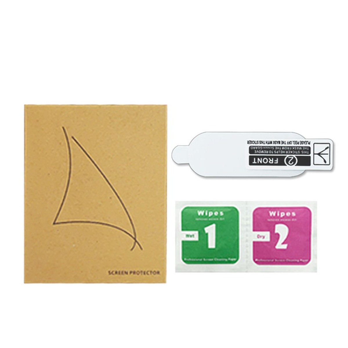 Un kit di protezione per lo schermo con una scheda marrone, un adesivo bianco e due salviette. La scheda ha un design. Le salviette sono verdi e rosa.