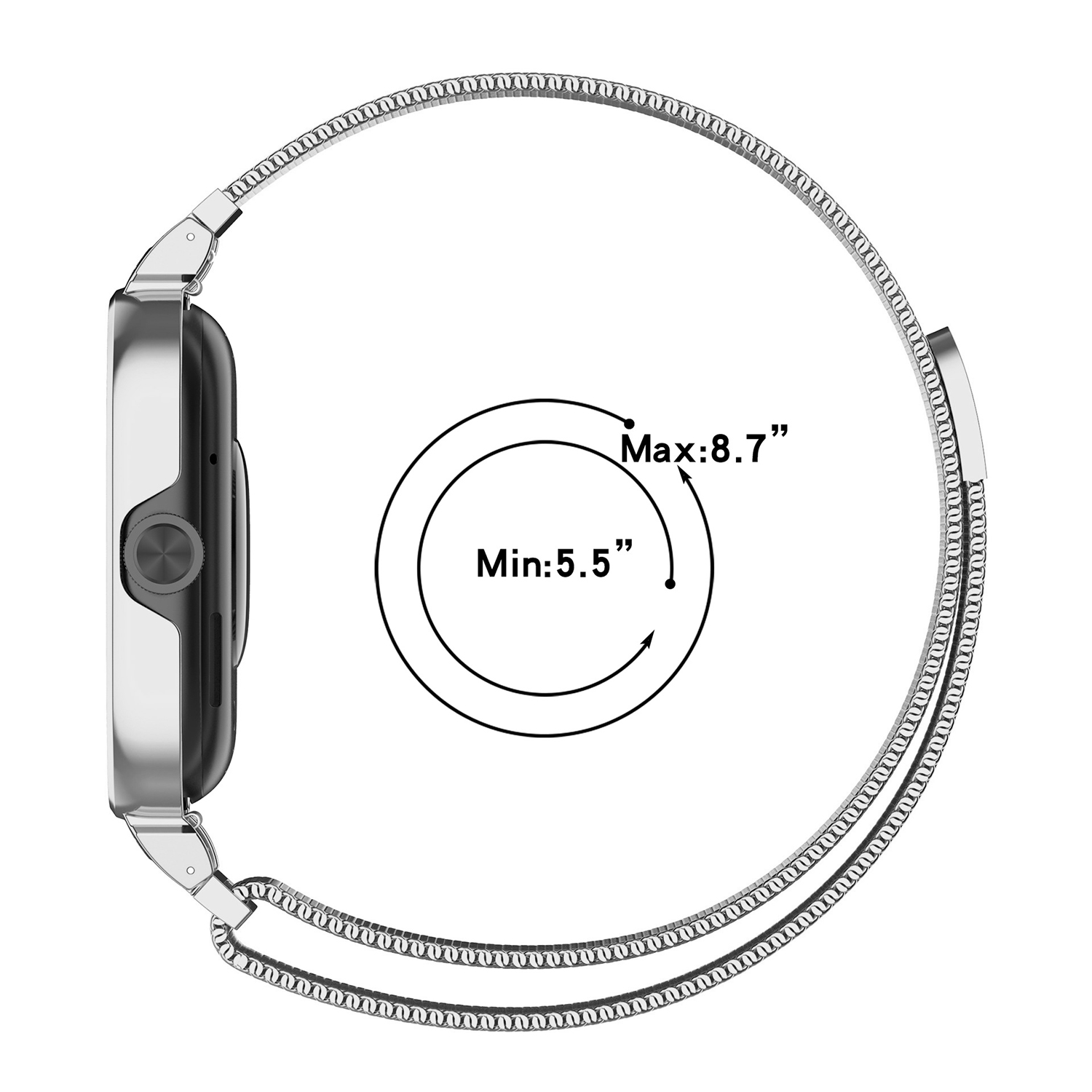 Une montre connectée argentée avec un bracelet en métal. Un cercle noir indique la plage de taille : Min 5,5" et Max 8,7".