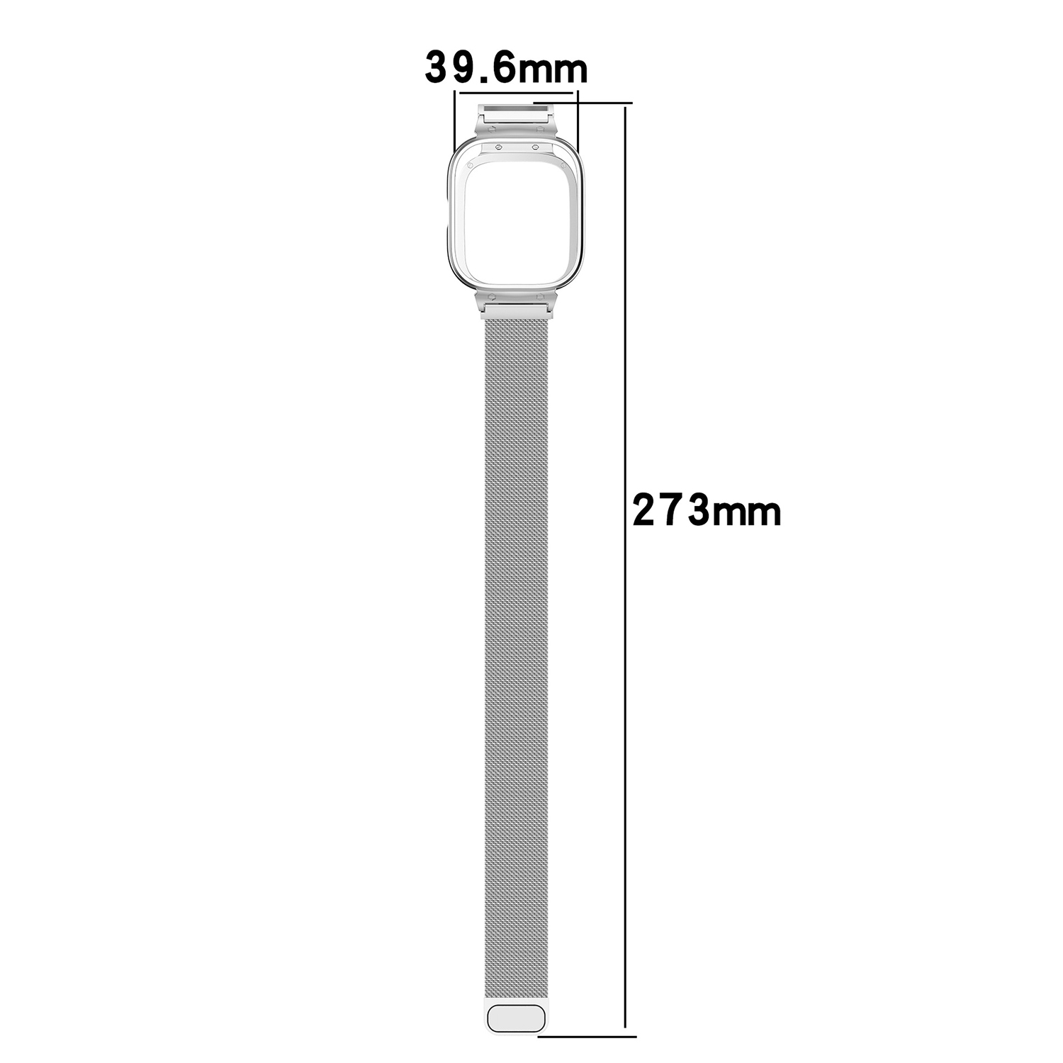 Un bracelet de montre argenté avec un cadran carré. Le bracelet mesure 273 mm de long. La largeur du cadran est de 39,6 mm. Le fond est blanc.