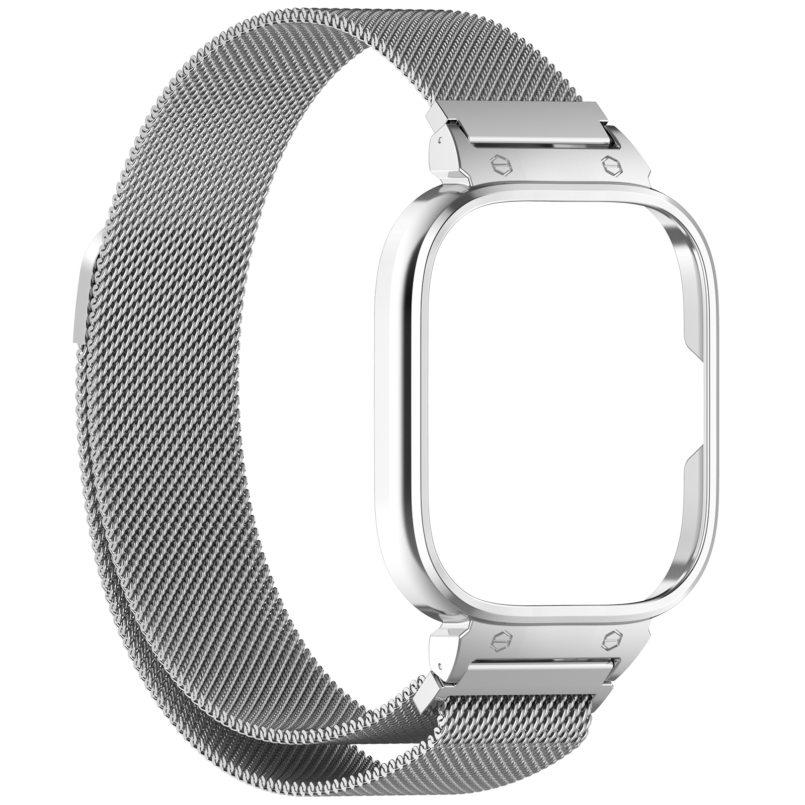 Un bracelet de montre argenté avec un design en maille. Le cadre du cadran est vide. Isolé sur fond blanc.