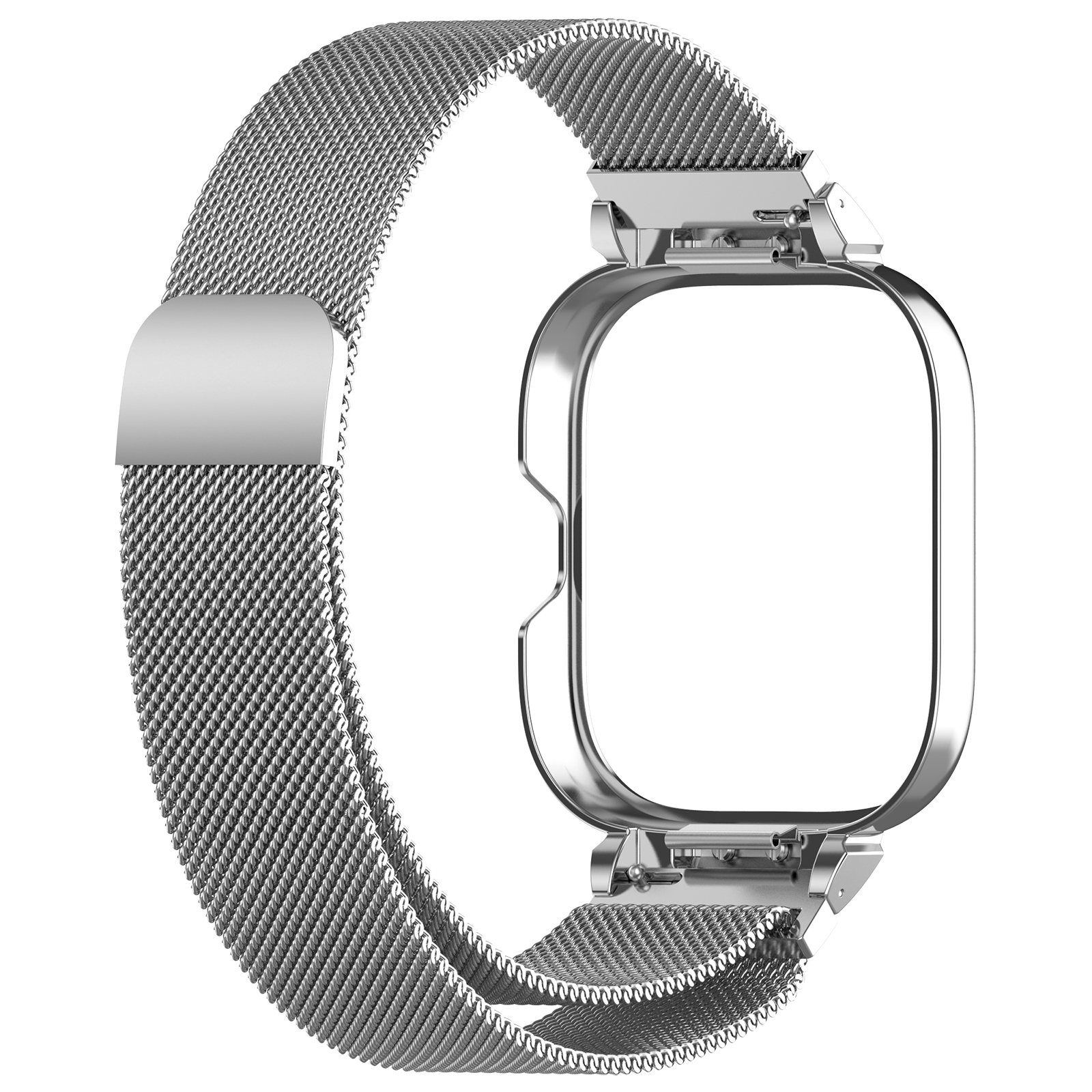 Bracelet de montre argenté avec un design en maille et un boîtier de montre. Le bracelet est plié en cercle.