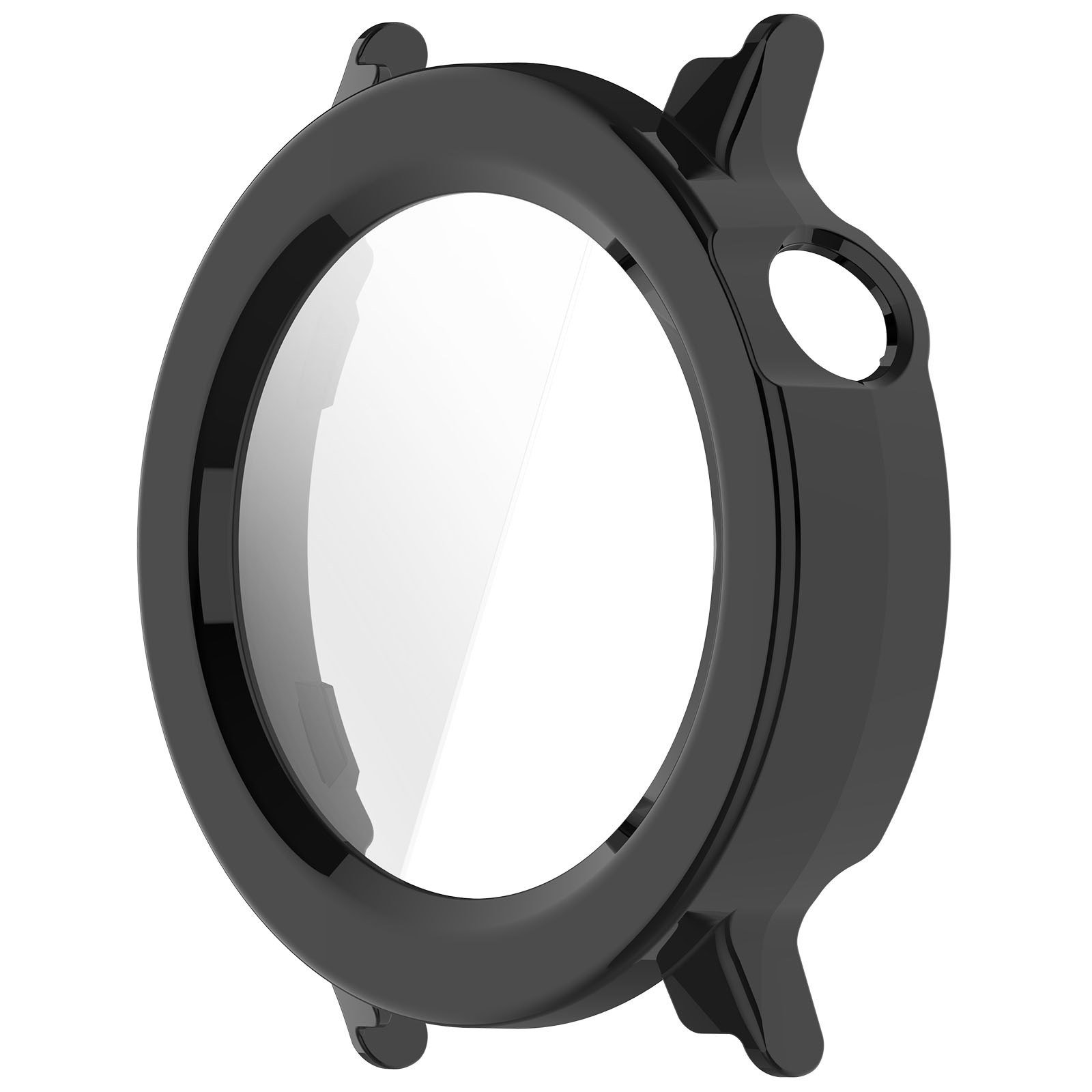 Una cassa di orologio nera con una copertura di vetro trasparente. La cassa ha una forma circolare con sporgenze per i pulsanti dell'orologio.