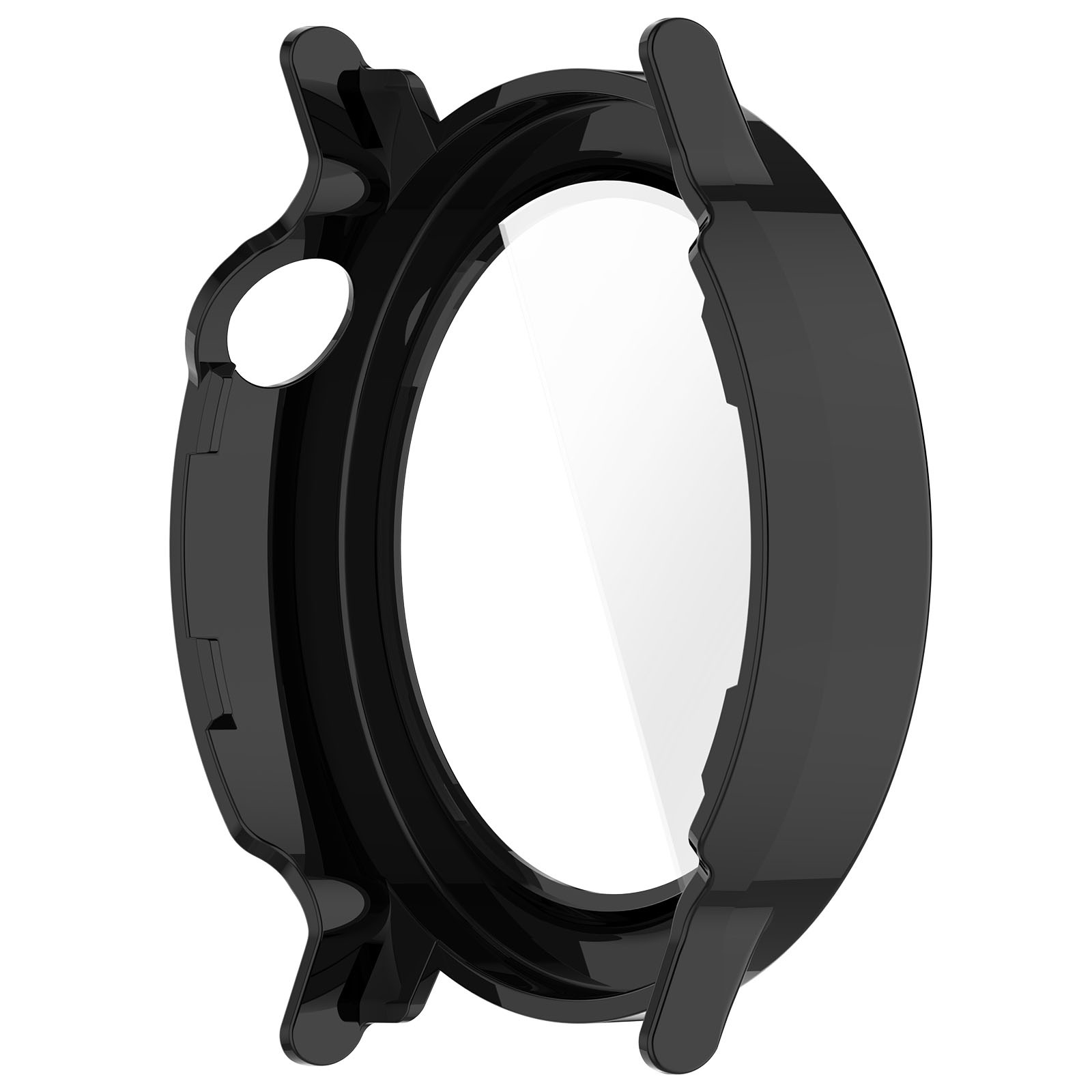 Una cassa per orologio nera con una protezione schermo trasparente, progettata per proteggere il quadrante.