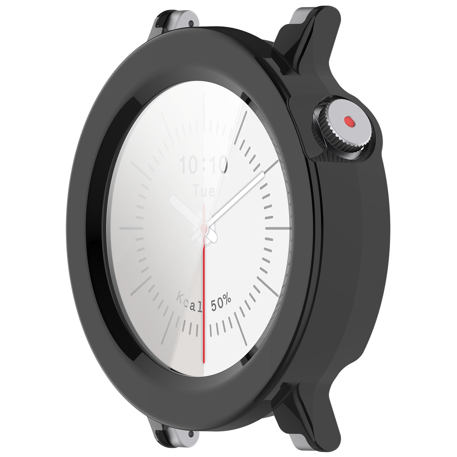 Uno smartwatch nero visualizza 10:10 sullo schermo. Mostra kcal, 50% e mar. L'orologio ha un pulsante rosso.