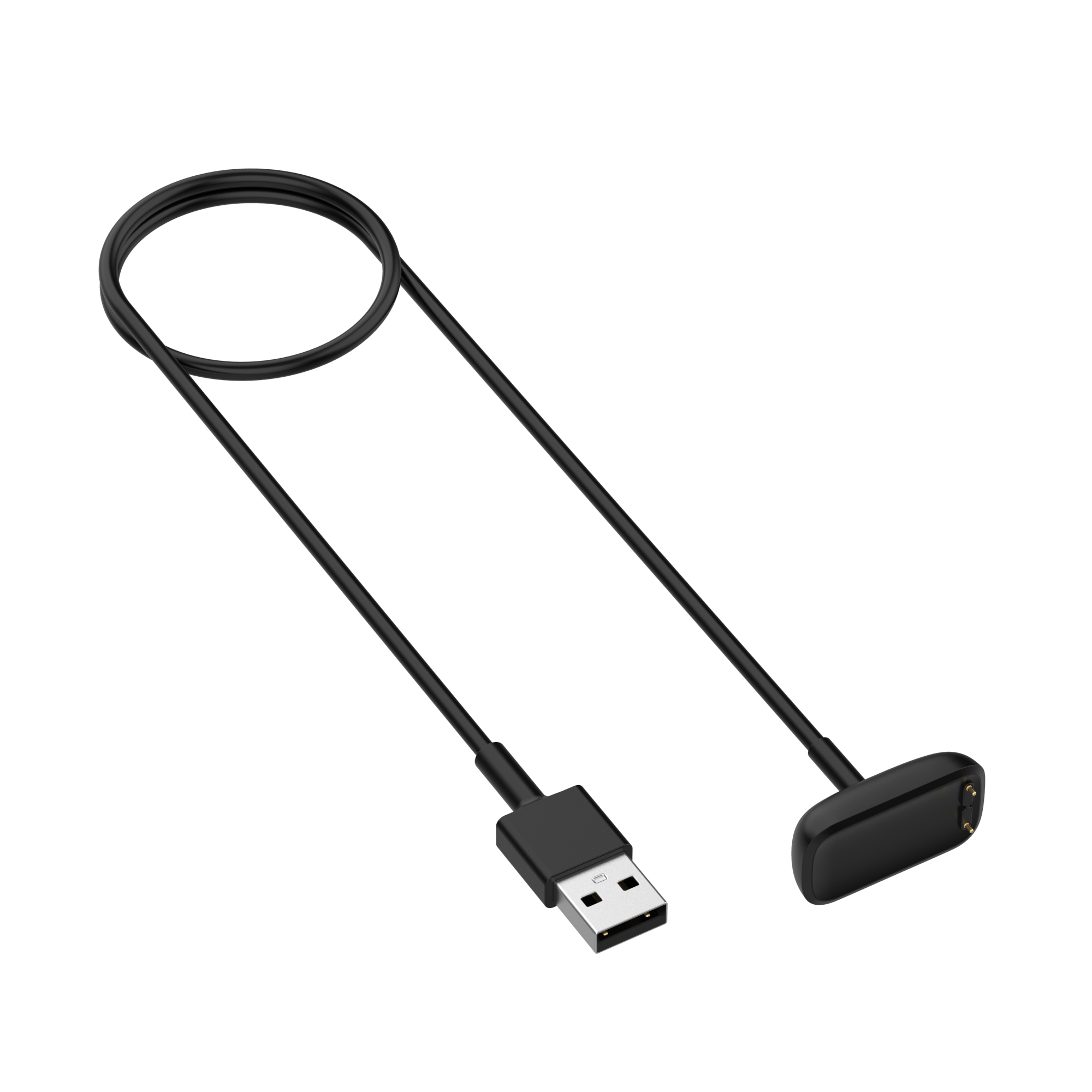 Un cavo di ricarica USB nero per un fitness tracker, con connettore USB-A e base di ricarica.