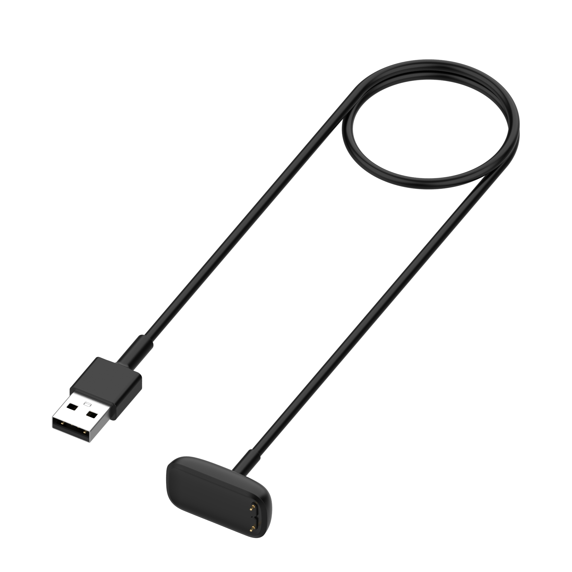 Un cavo di ricarica USB nero con connettore USB-A e base di ricarica. Isolato su sfondo bianco.