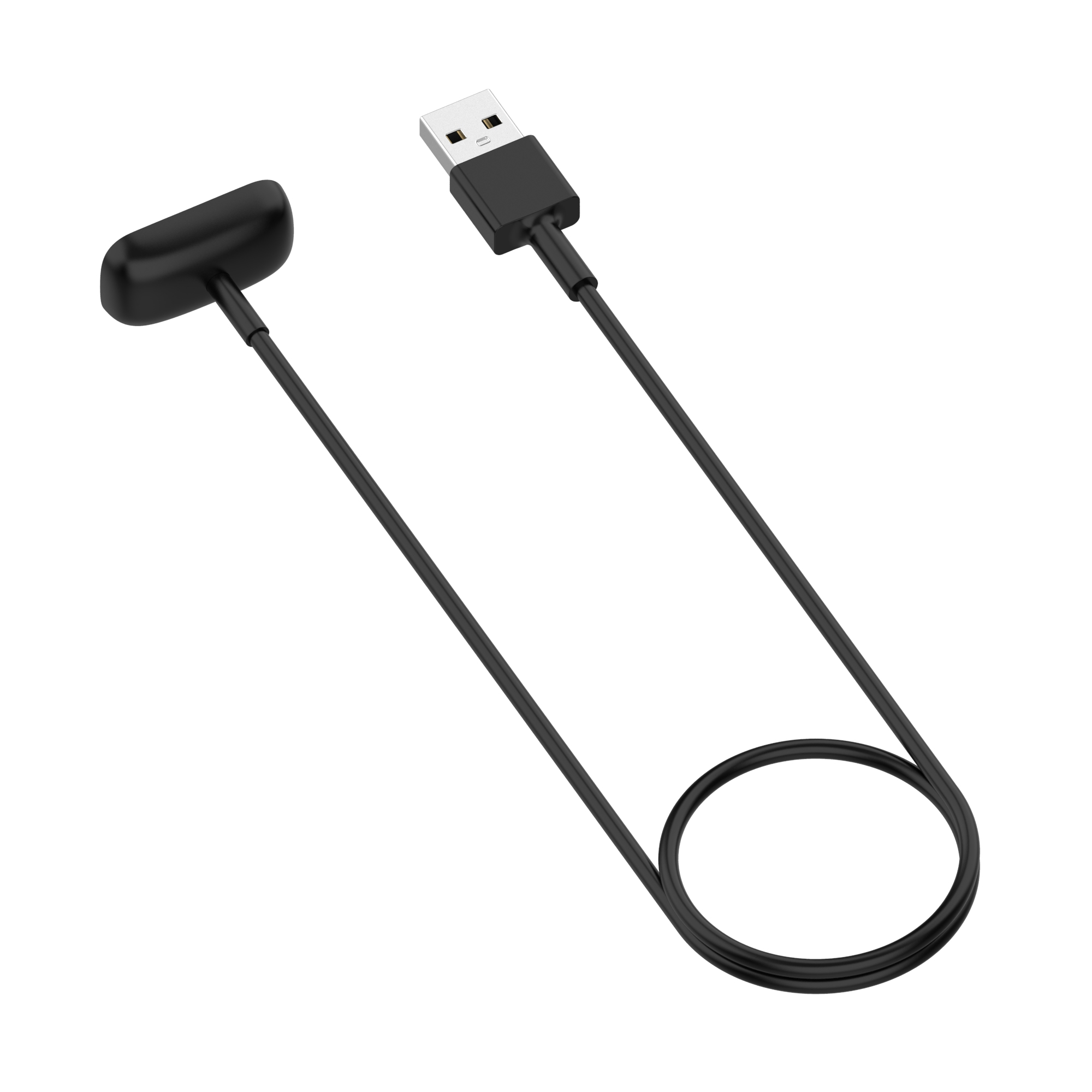 Un cavo di ricarica nero con connettore USB e estremità di ricarica per fitness tracker, su sfondo bianco.