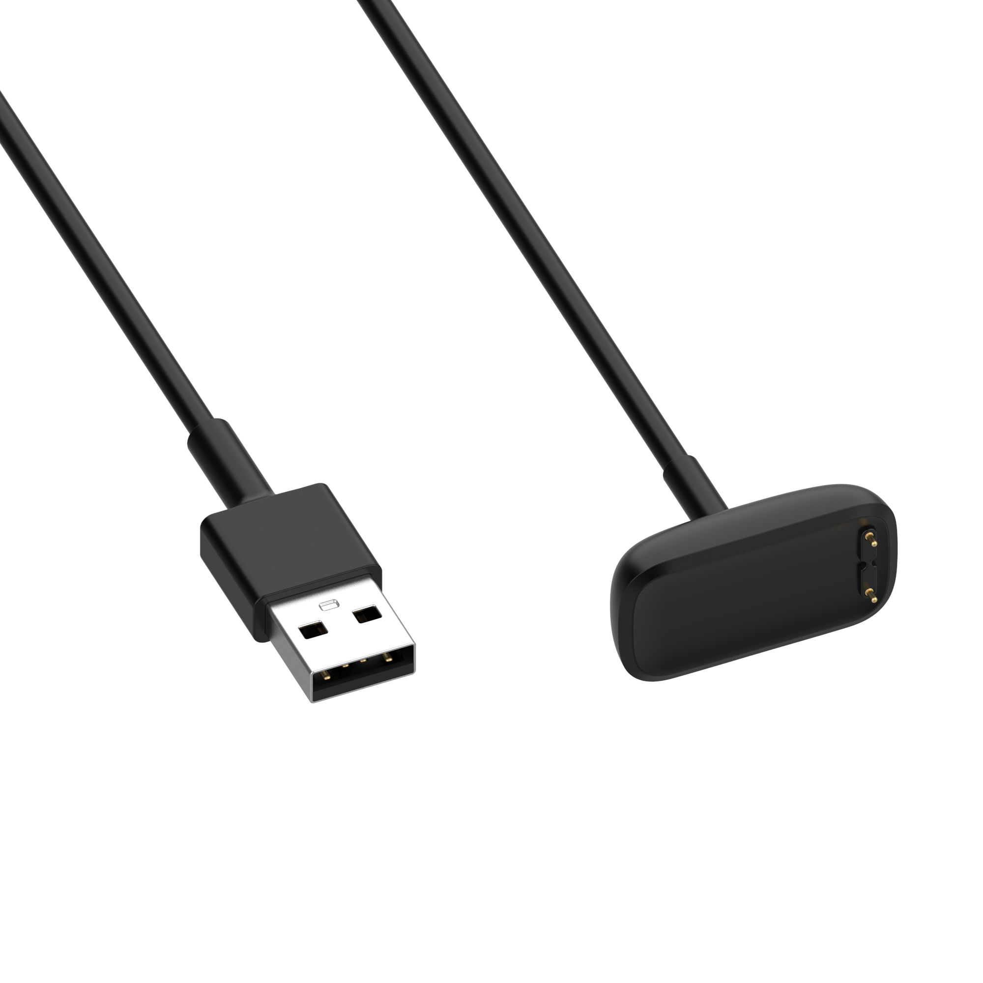Cavo caricabatterie USB nero con connettore USB e estremità di ricarica. Sfondo bianco.