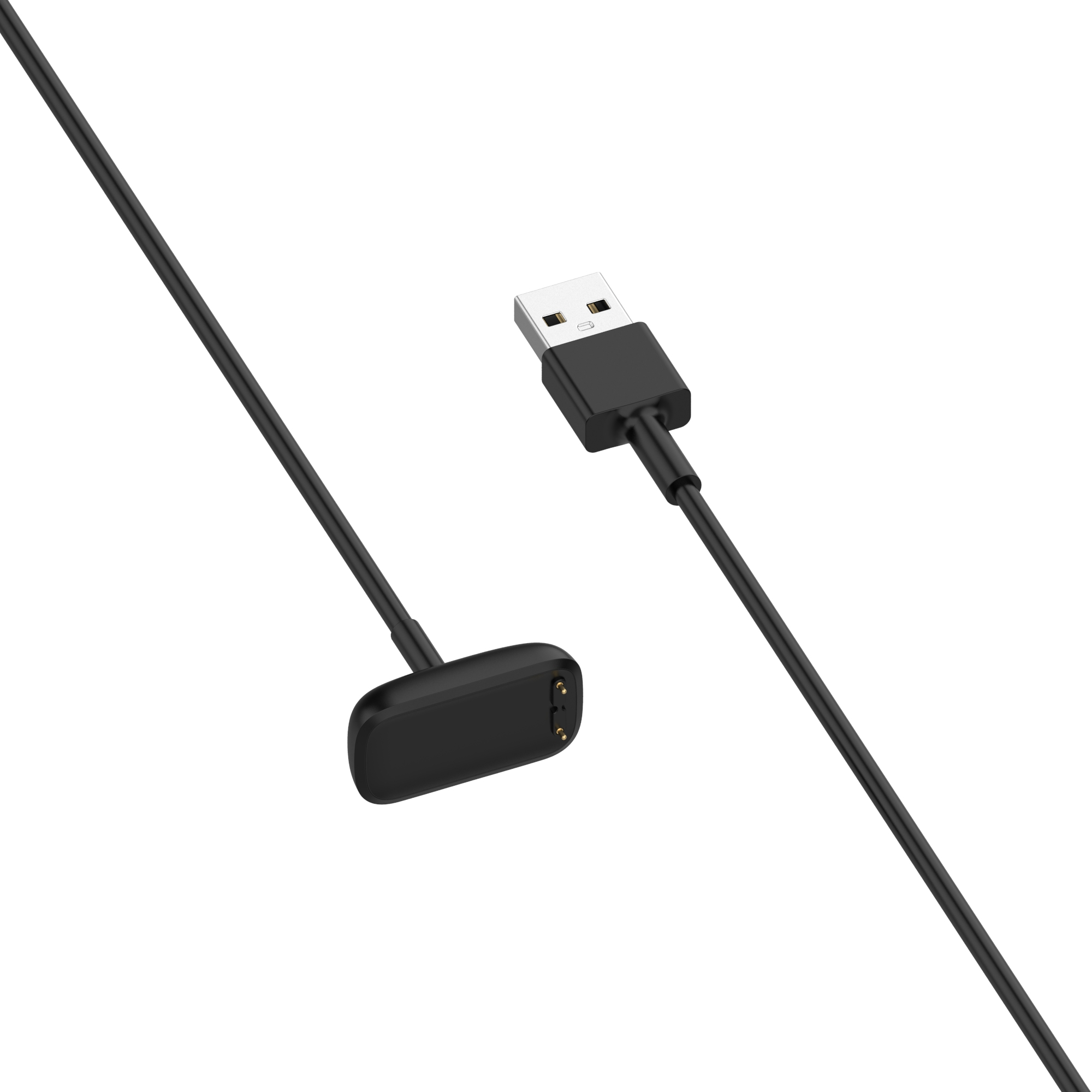 Un cavo di ricarica nero con estremità USB e una piccola base di ricarica. Sfondo bianco.