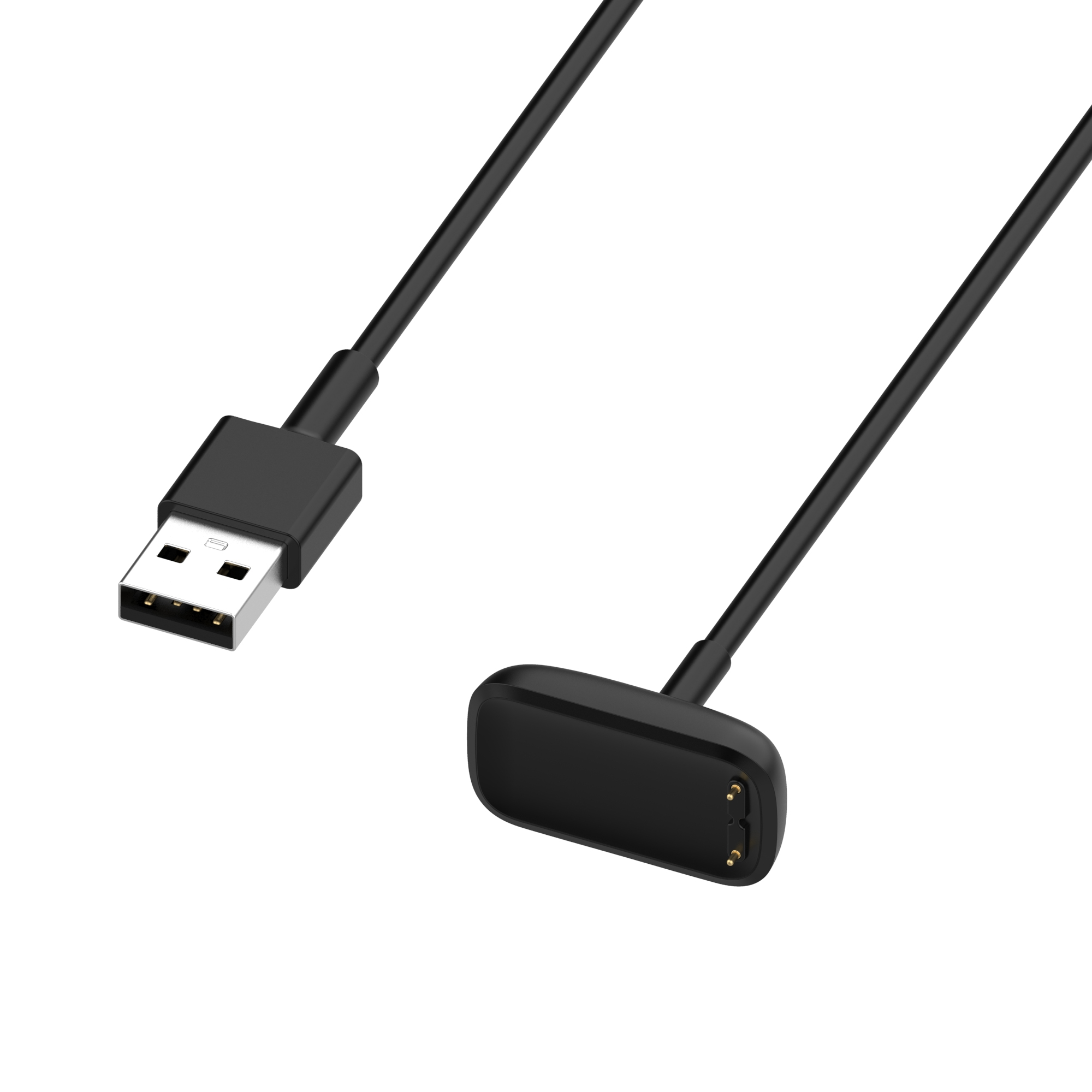 Cavo di ricarica USB nero con connettore USB rettangolare e base di ricarica.