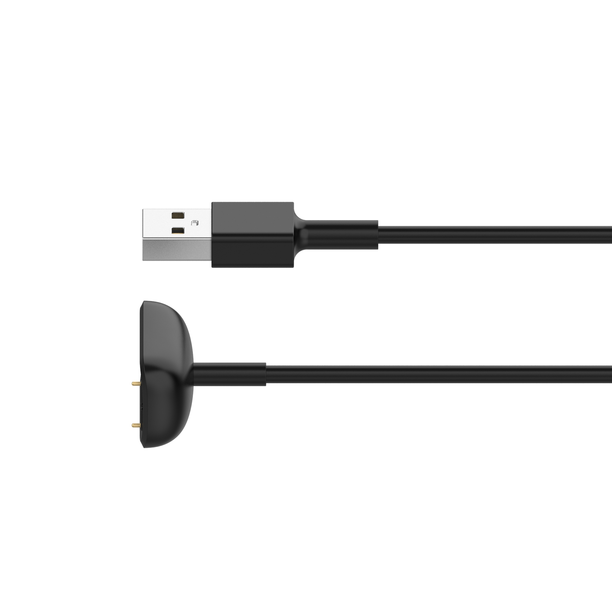 Cavo di ricarica nero con connettore USB e base di ricarica magnetica, isolato su sfondo bianco.