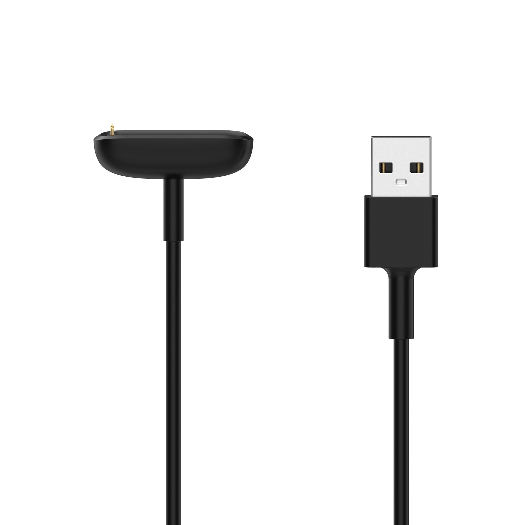 Cavo di ricarica nero con connettore USB a destra e base di ricarica a sinistra, su sfondo bianco.