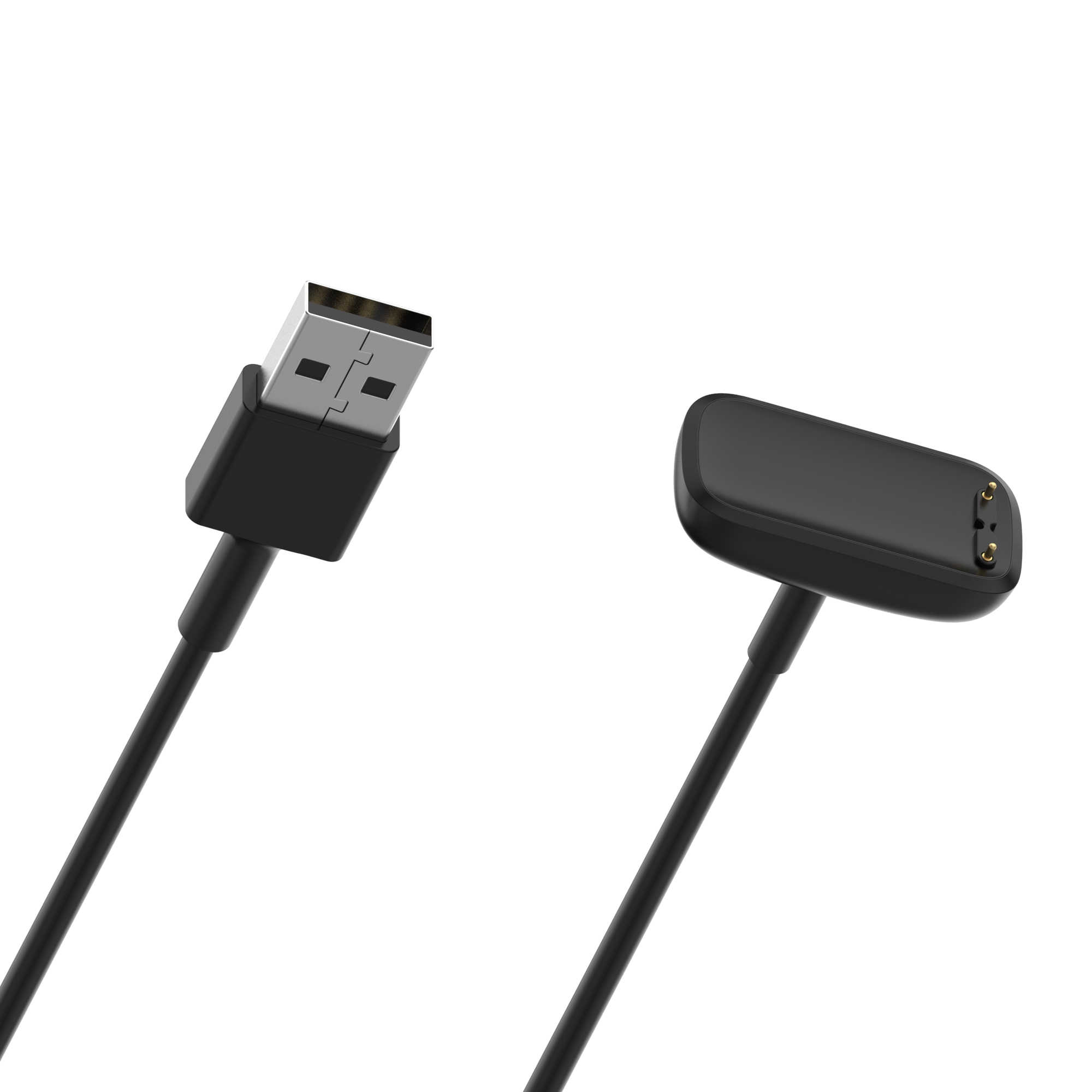 Cavo caricatore USB nero con connettore USB-A e base di ricarica. Sfondo bianco.