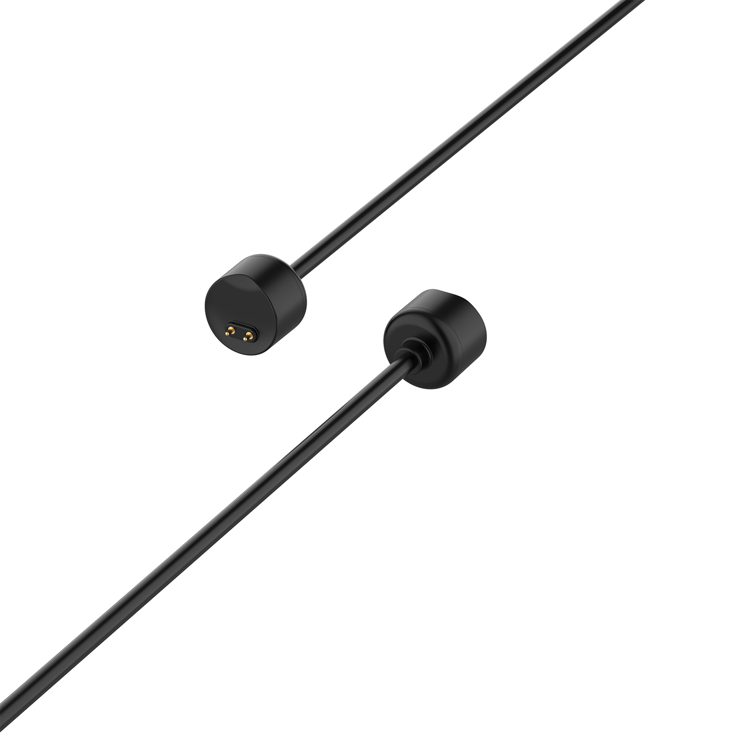 Dwa czarne kable ładujące z cylindrycznymi końcami i cienkimi przewodami. Złącza mają złote piny. Tło jest białe.