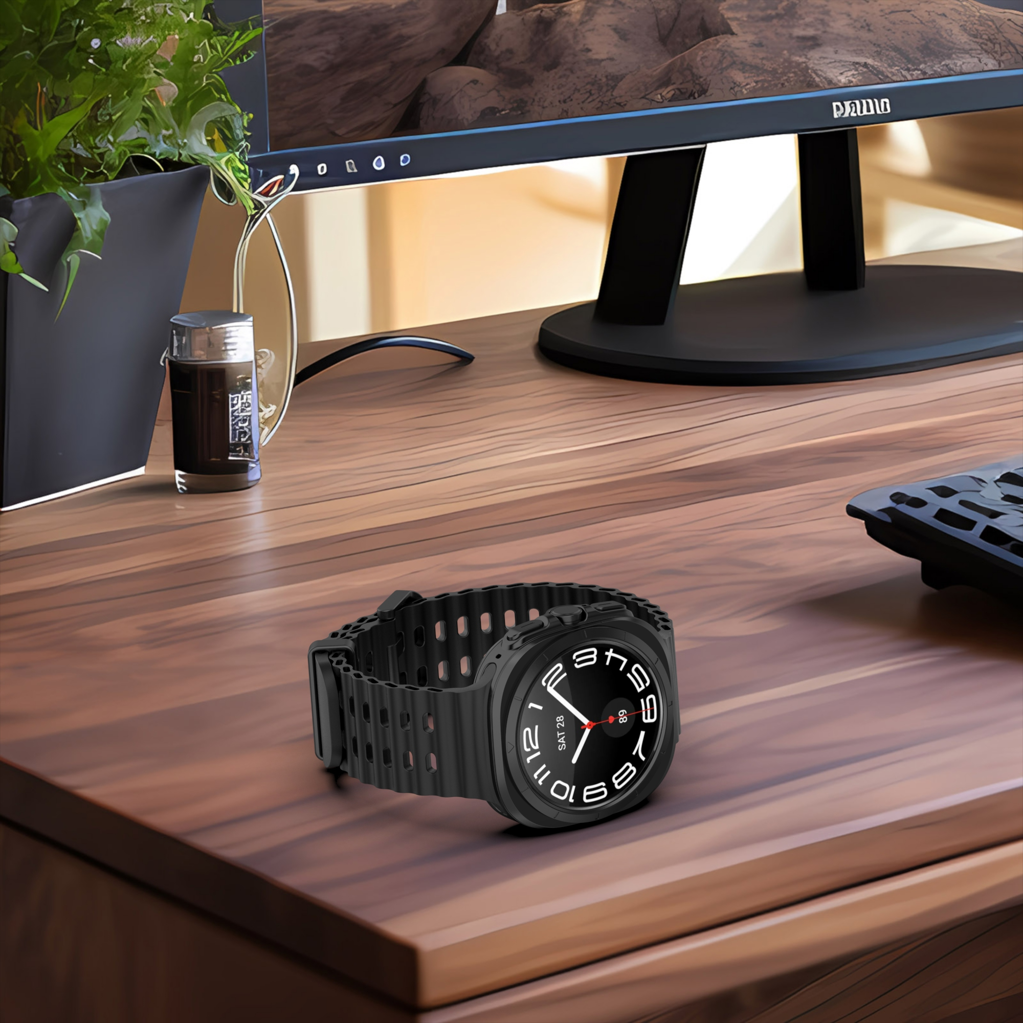 Czarny smartwatch na drewnianym biurku. W tle monitor, roślina i mały słoik.