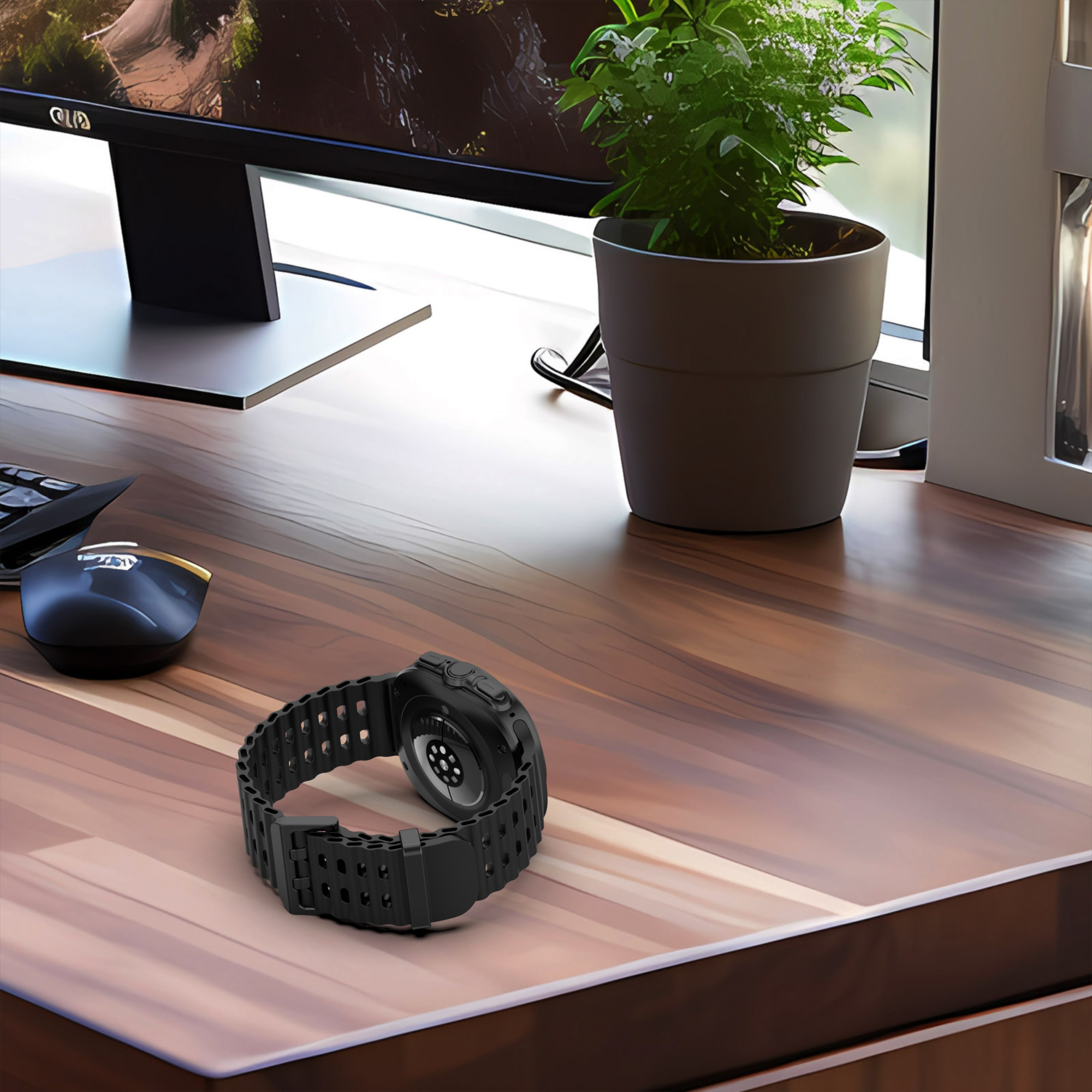 Czarny smartwatch z czarnym paskiem leży na drewnianym biurku. Obecna jest również mysz, roślina i monitor komputera.
