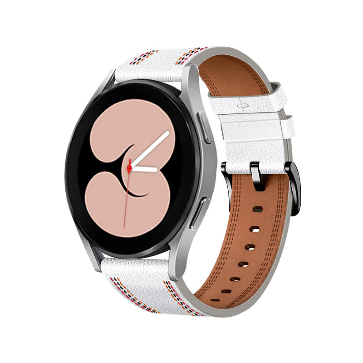 Srebrny smartwatch z białym paskiem, brązowym skórzanym wnętrzem. Tarcza zegarka jest czarna z beżową tarczą. Pasek ma wzór.