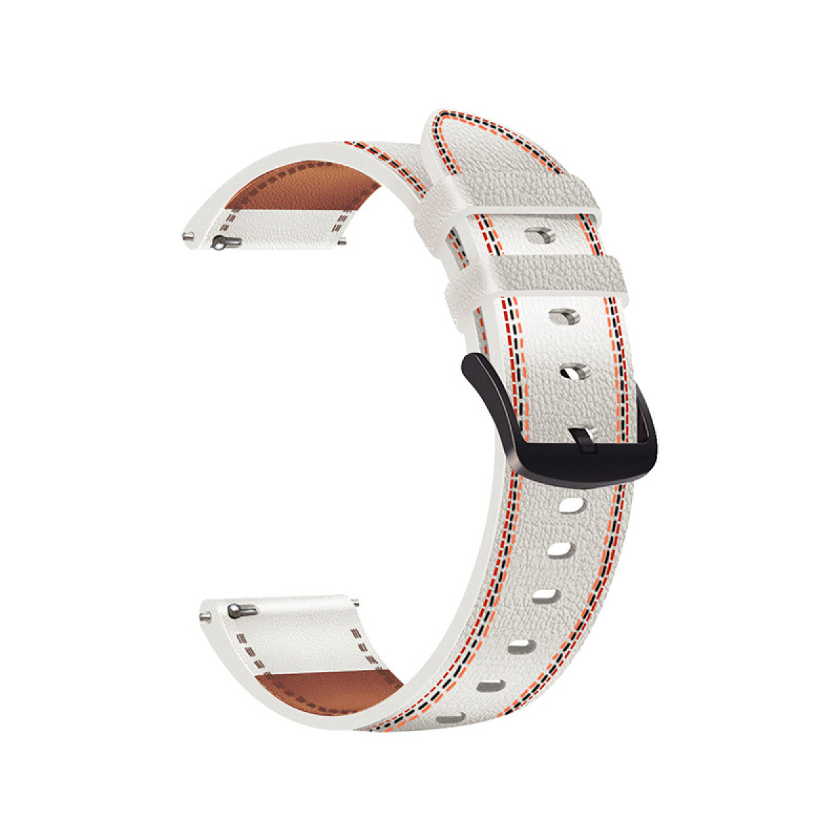 Biały pasek do zegarka z czarną klamrą i pomarańczowymi przeszyciami. Brązowa skóra w środku.