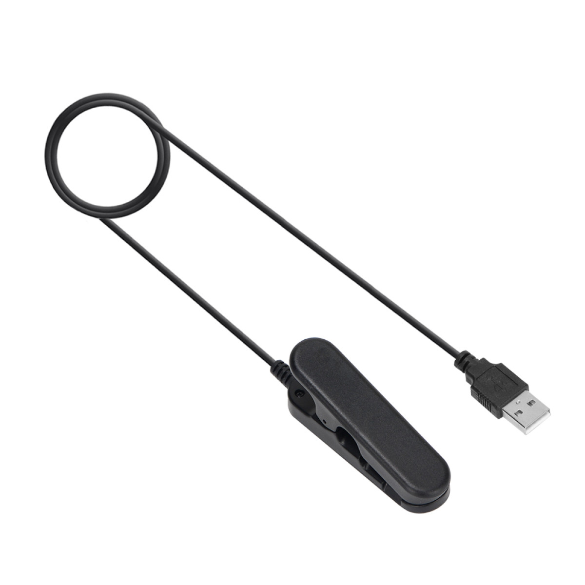 Czarny kabel USB do ładowania z końcówką do ładowania na klips i złączem USB. Kabel tworzy pętlę.