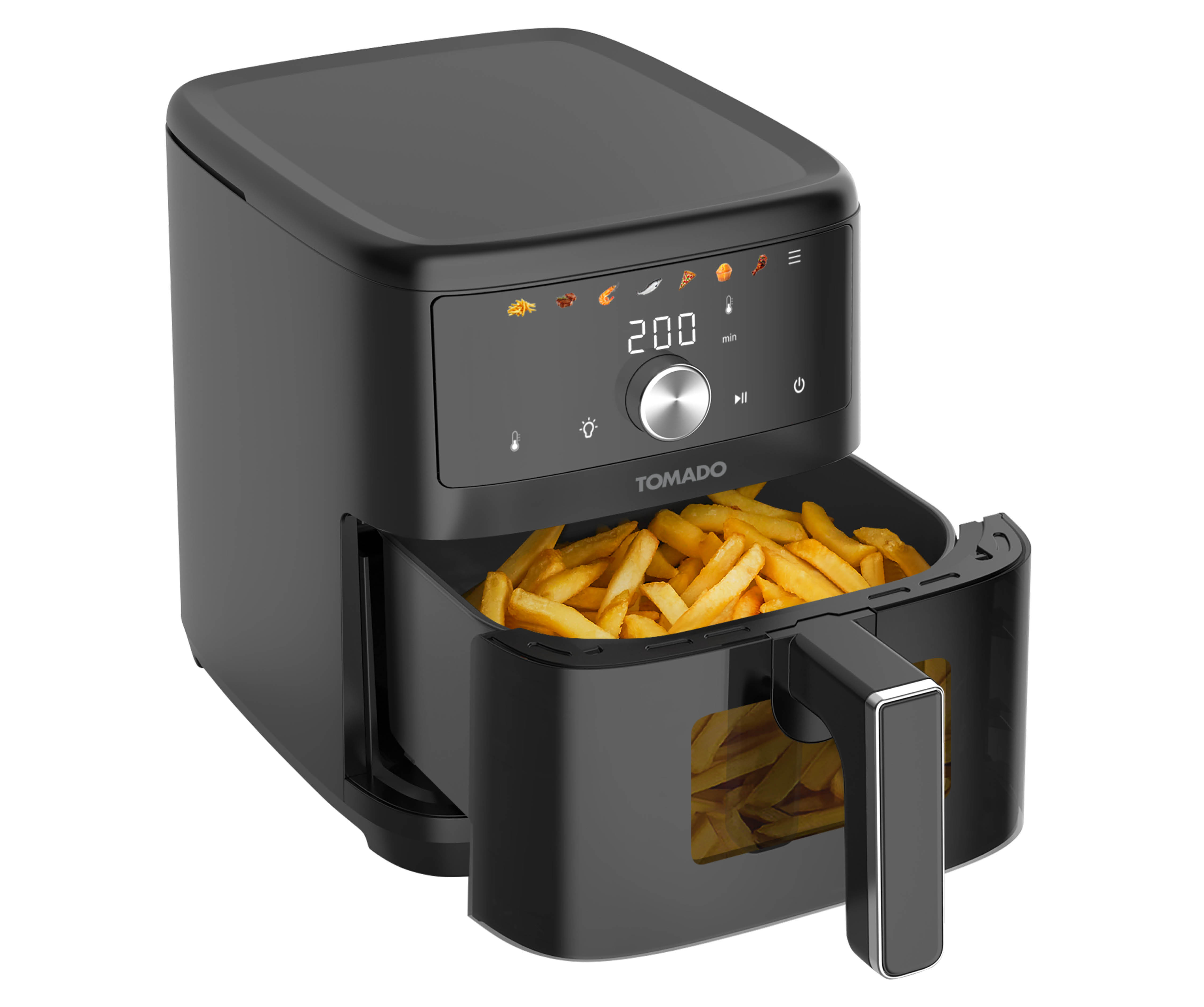 Schwarze Heißluftfritteuse mit Pommes im Korb. Das Display zeigt 200 min. Die Marke ist TOMADO.