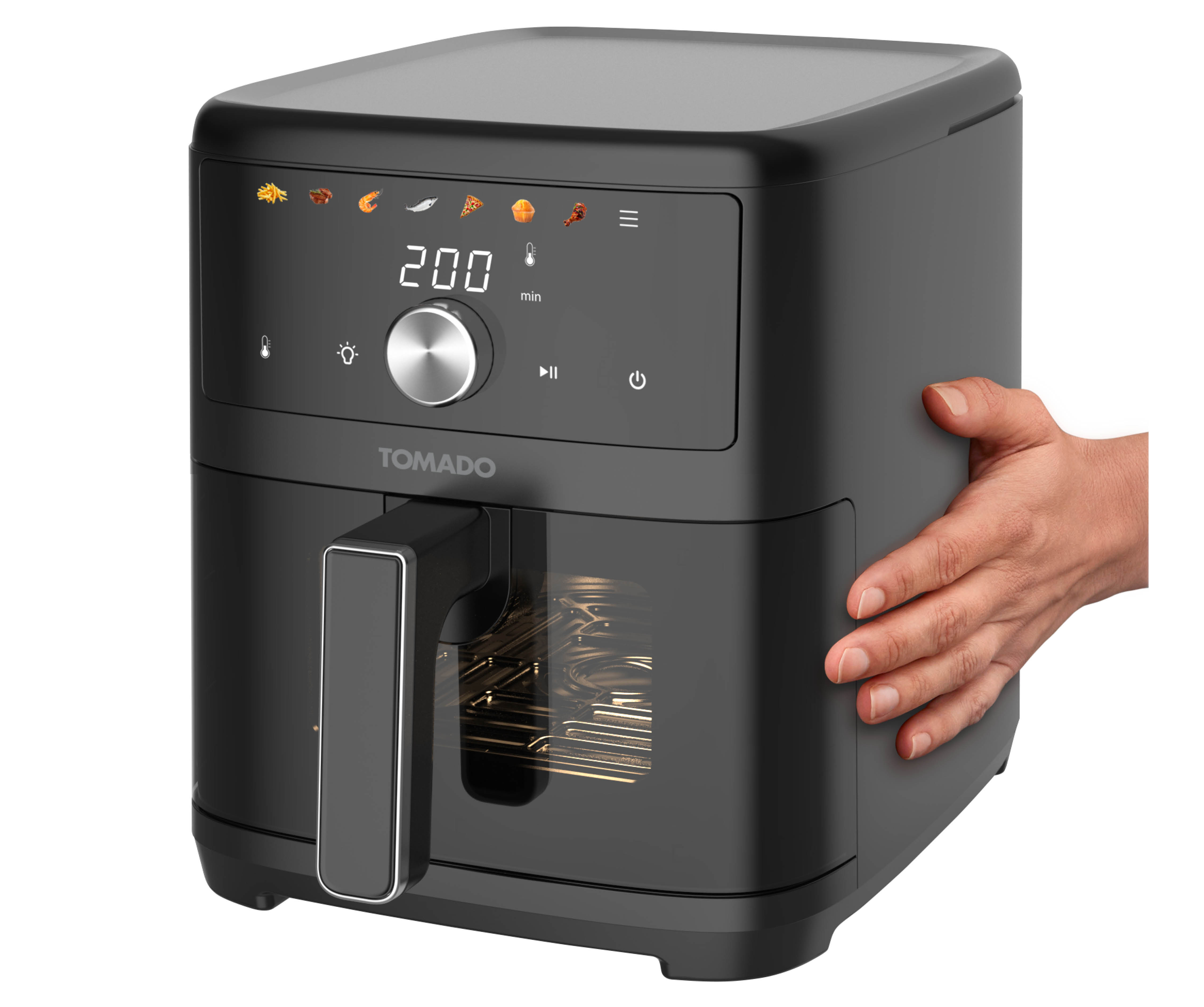 Schwarze Heißluftfritteuse mit Digitalanzeige (200), Hand hält die Seite. Symbole für Essensvoreinstellungen.