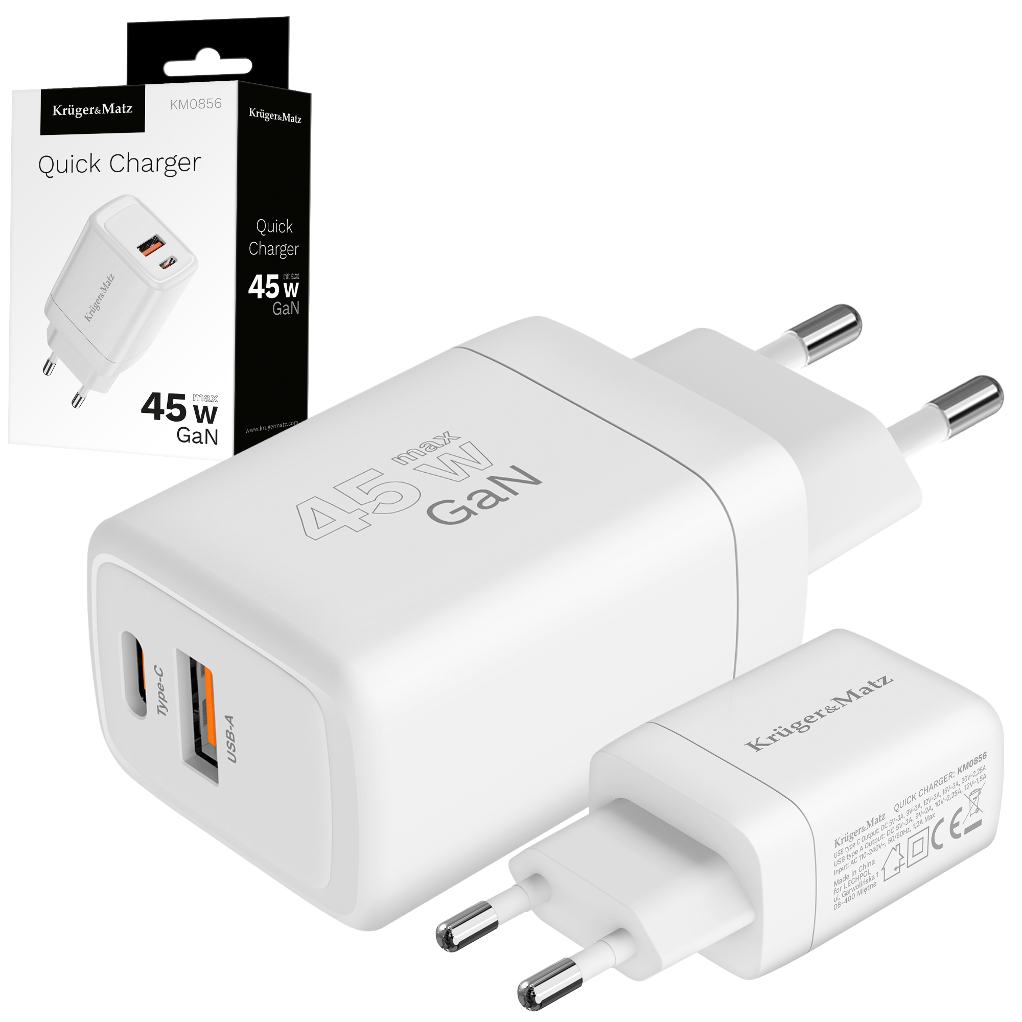 Biała szybka ładowarka Krüger&Matz z pudełkiem, 45W GaN, portami USB-A i Type-C. Obok mniejsza ładowarka.
