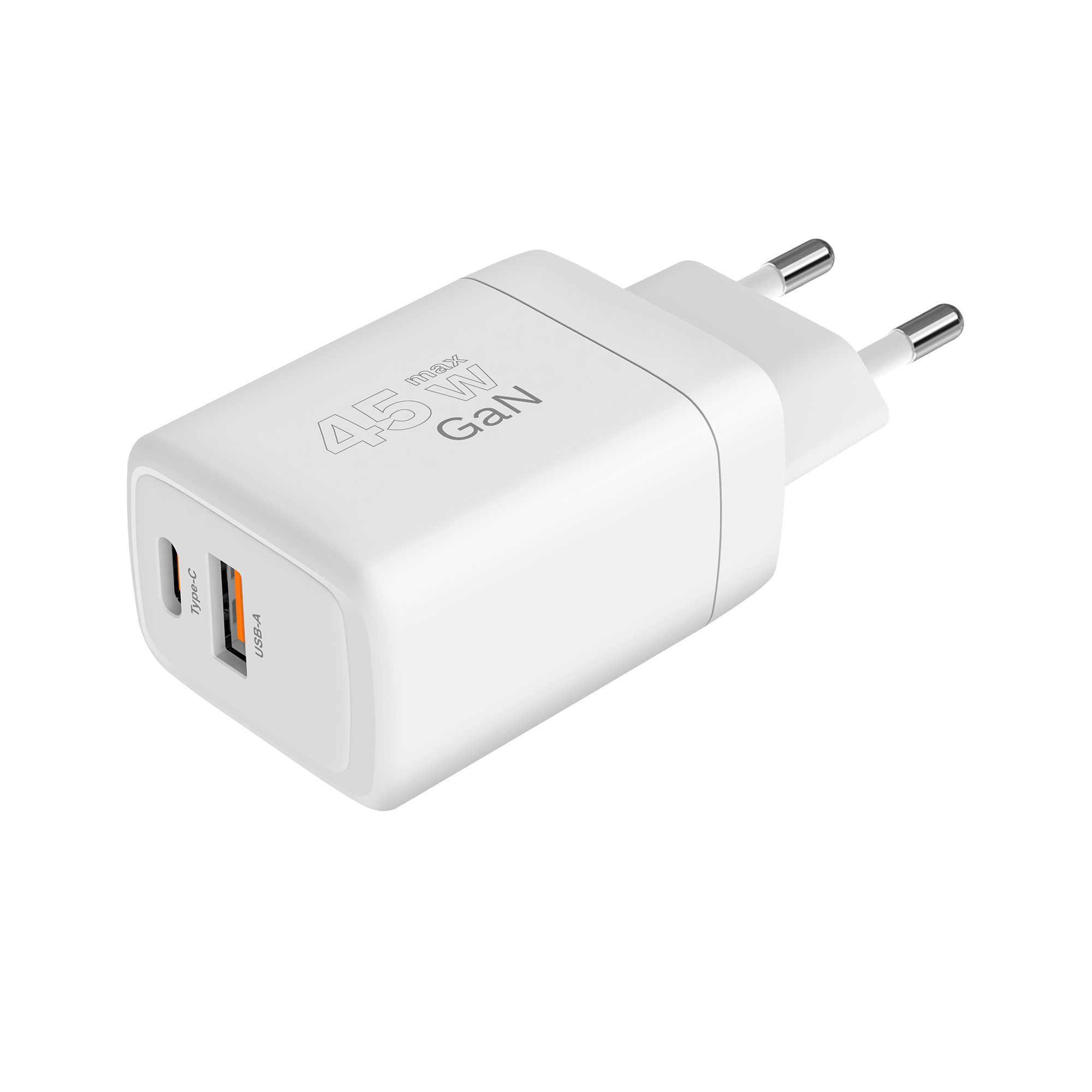 Biała ładowarka GaN z portami Type-C i USB-A, maks. 45W. Srebrne bolce do gniazd europejskich.