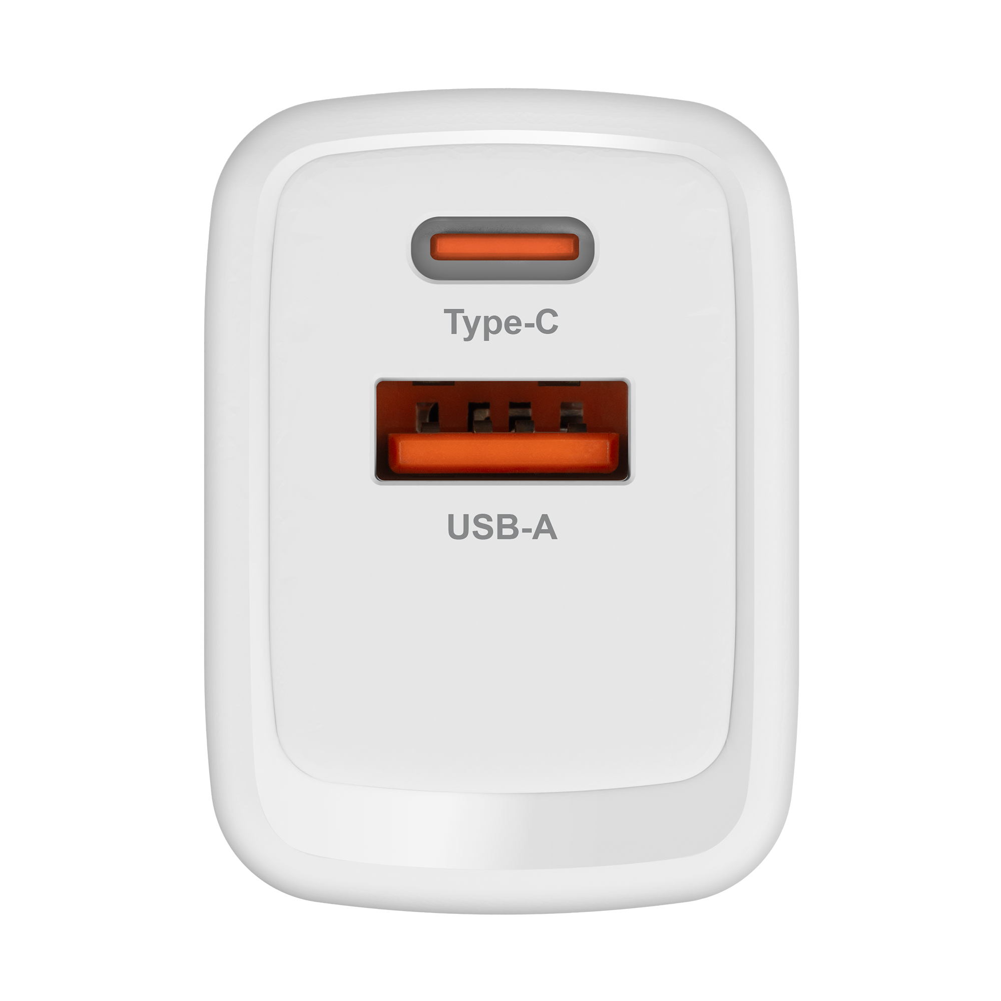 Biała ładowarka z portami Type-C i USB-A, pomarańczowe wnętrza i szary tekst na białym tle.