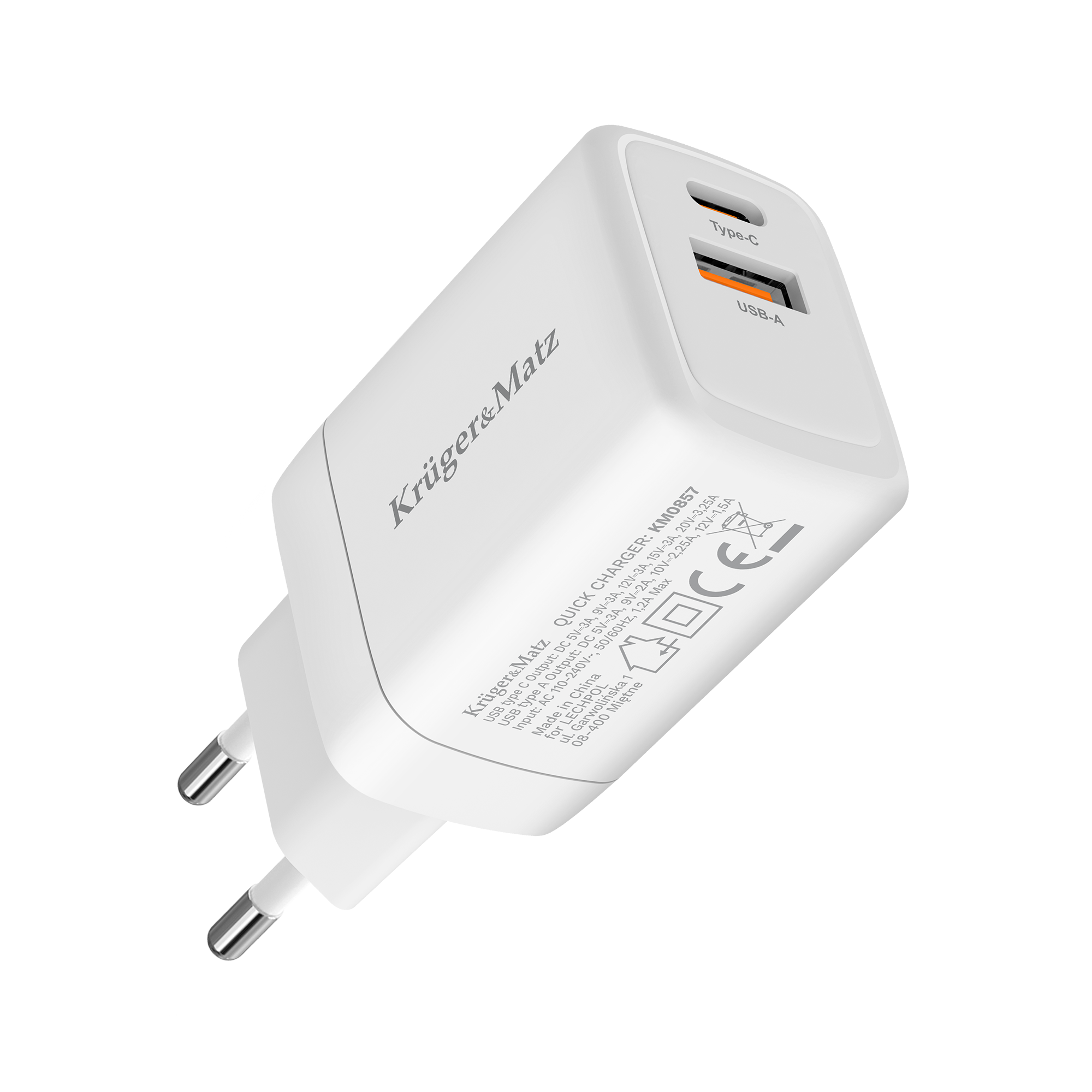Biała szybka ładowarka Krüger&Matz z portami Type-C i USB-A. Posiada wtyczkę dwubiegunową.