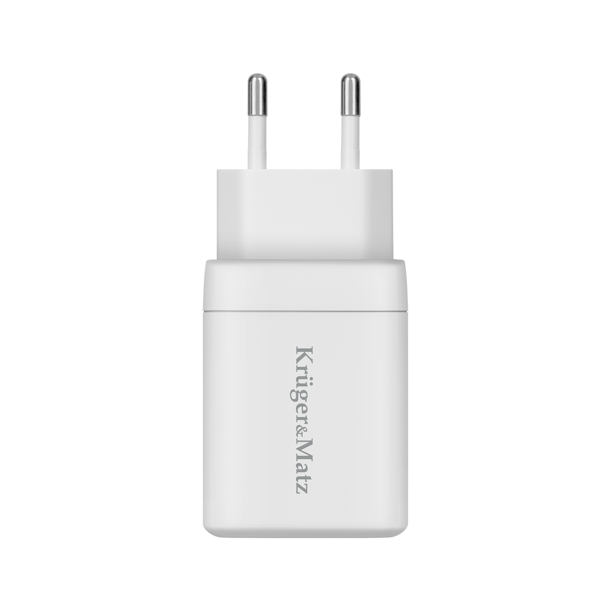 Biała ładowarka Krüger&Matz. Ma dwa srebrne bolce u góry i logo marki z przodu.