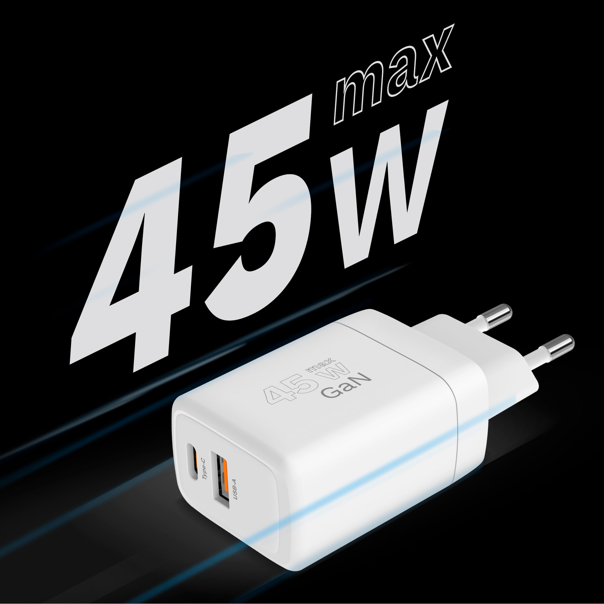 Biała ładowarka GaN 45W z portami Type-C i USB-A. Duży napis 45W w kolorze białym na czarnym tle.
