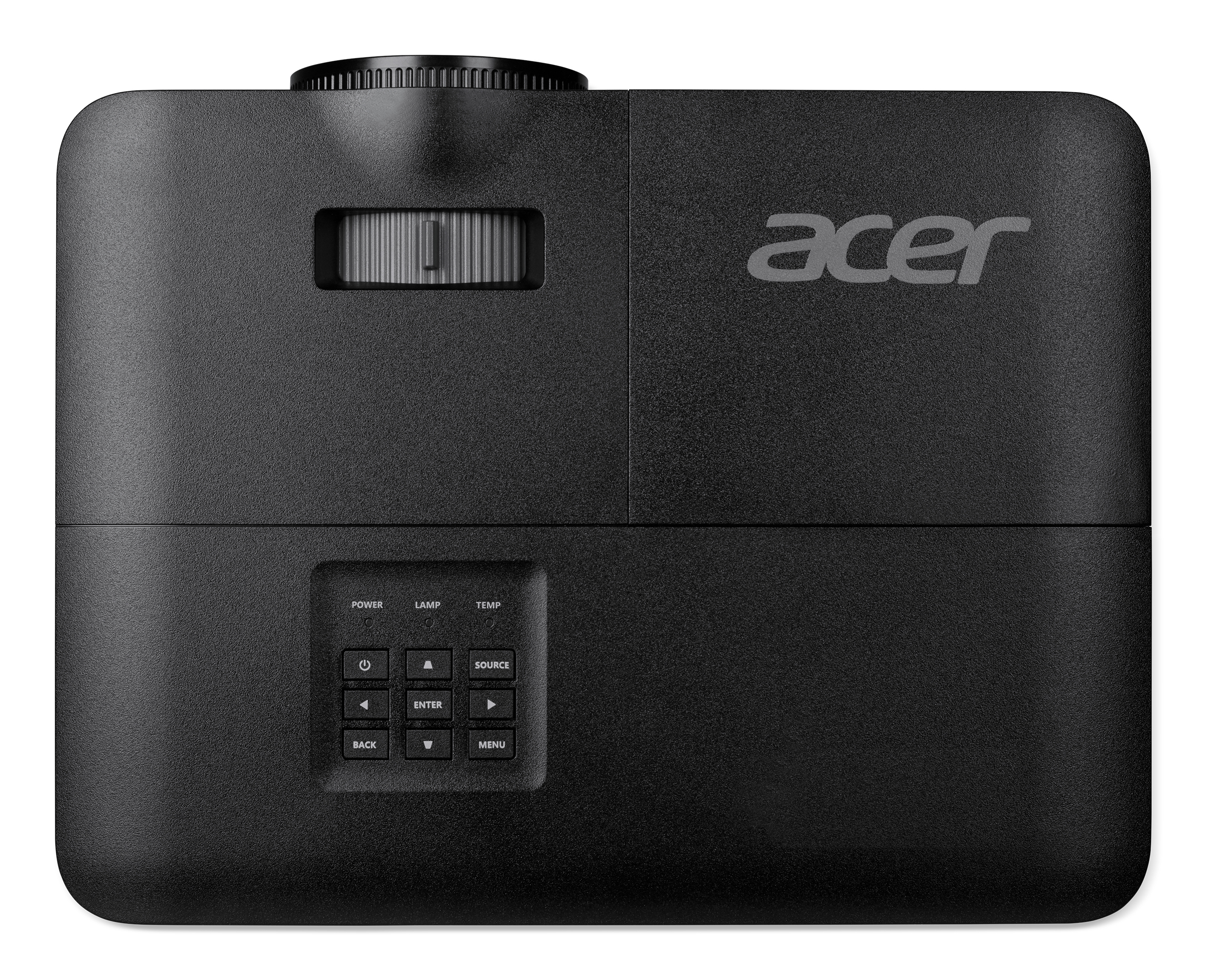 Un proiettore Acer nero con obiettivo, pannello di controllo e logo Acer.