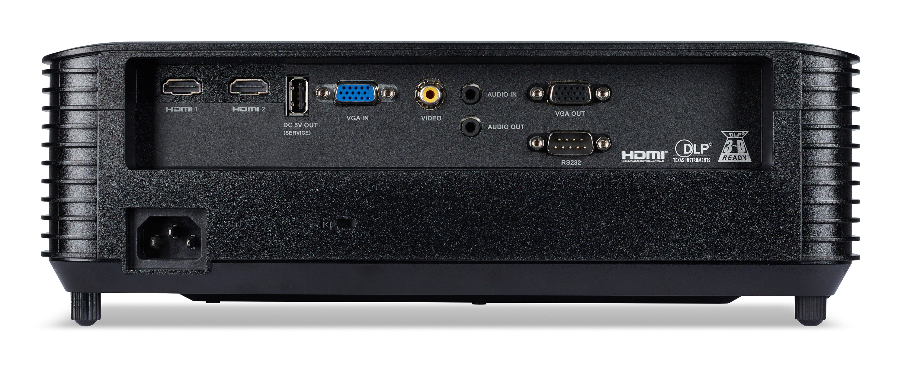 Parte posteriore di un proiettore nero con varie porte di ingresso: HDMI, VGA, audio e RS232. Le etichette includono HDMI, DLP e 3D Ready.