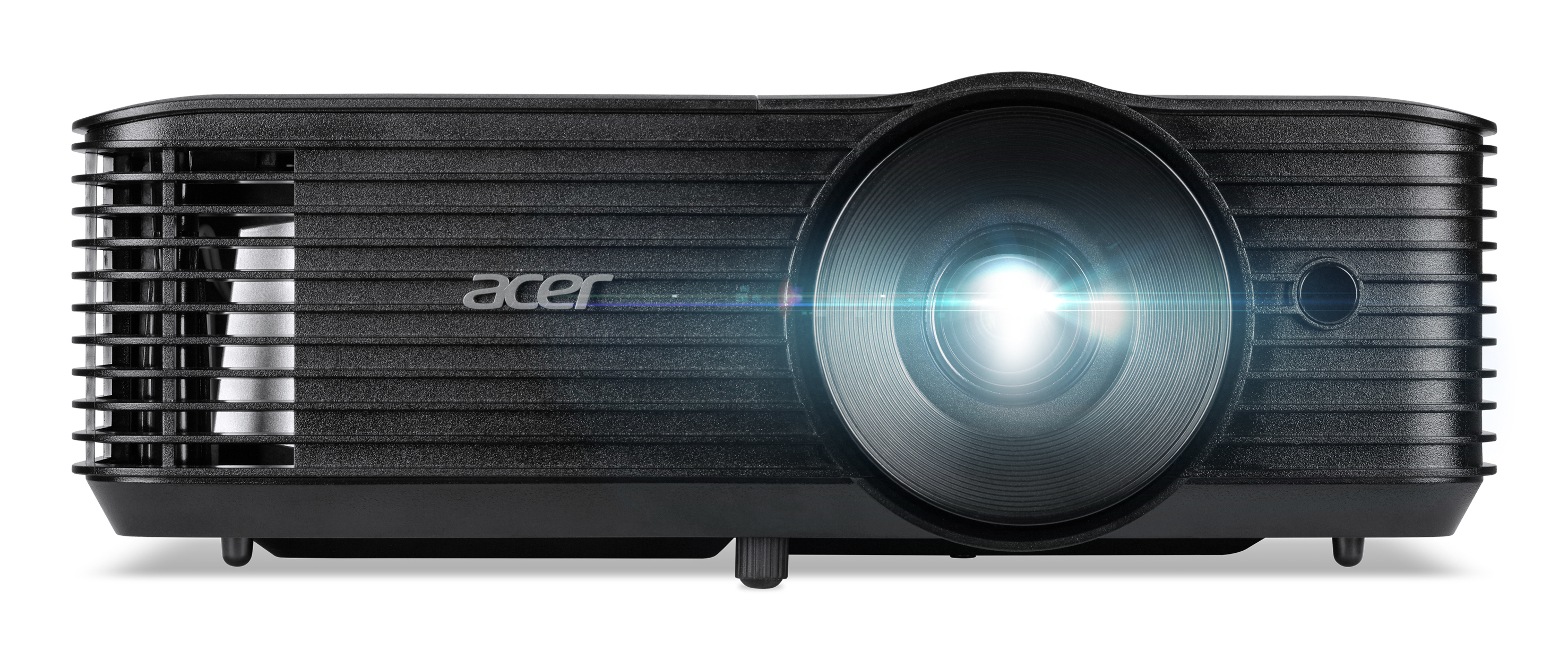 Un proiettore Acer nero con una lente luminosa. Il logo Acer è visibile. Lo sfondo è bianco.