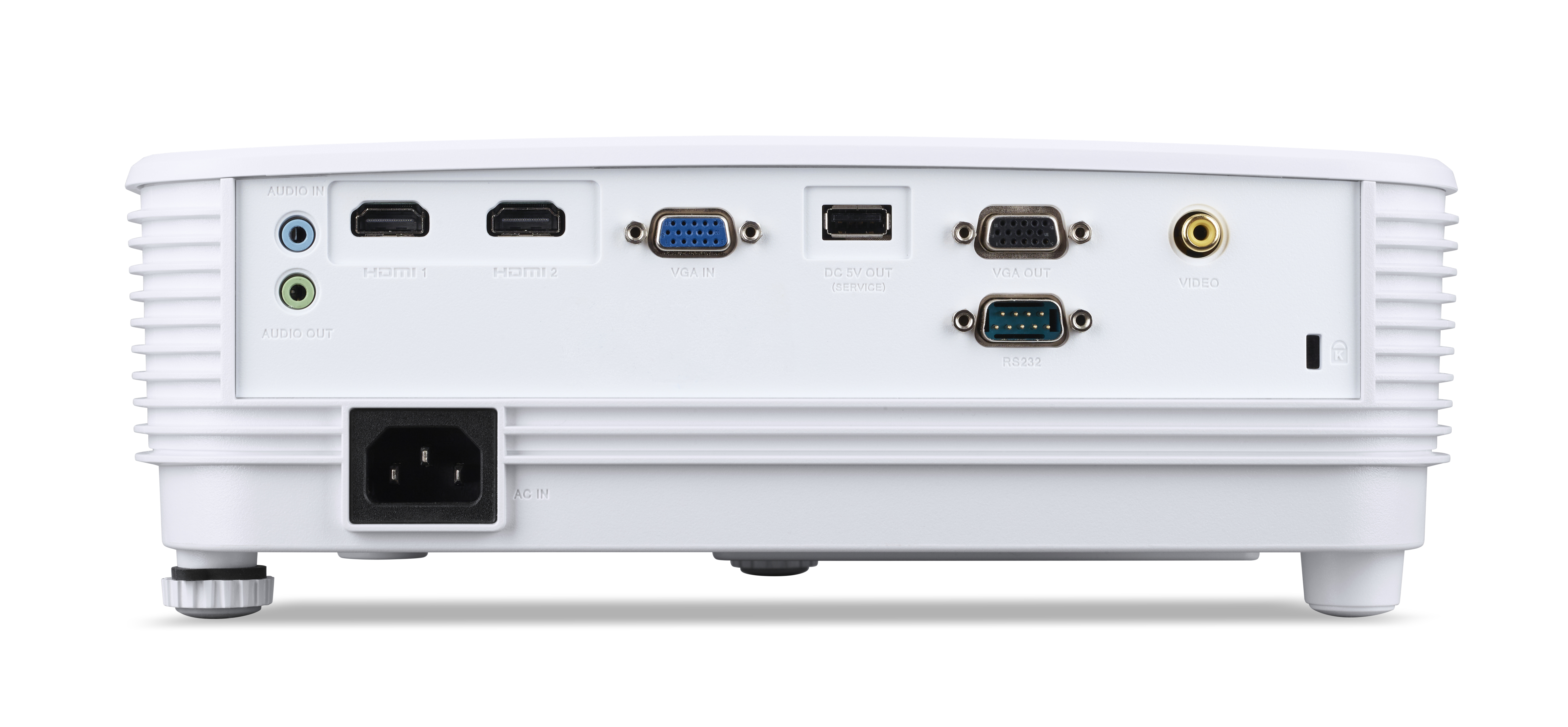 Rückseite eines weißen Projektors mit verschiedenen Anschlüssen: HDMI, VGA, Audio, USB und Stromeingang. Beschriftete Anschlüsse.