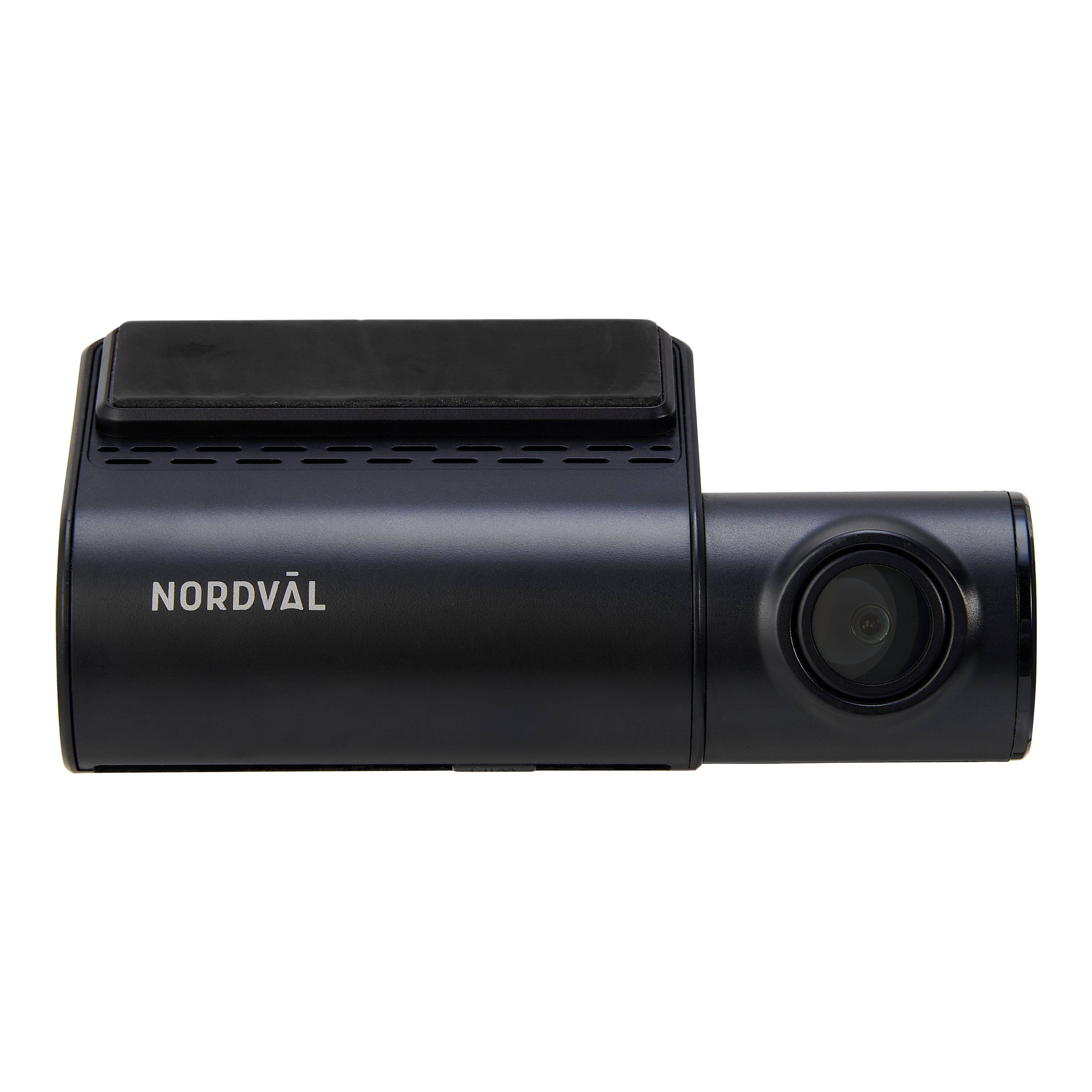 A black dashcam with the word 'NORDVÄL' on it, set against a black background. Camera lens is visible.