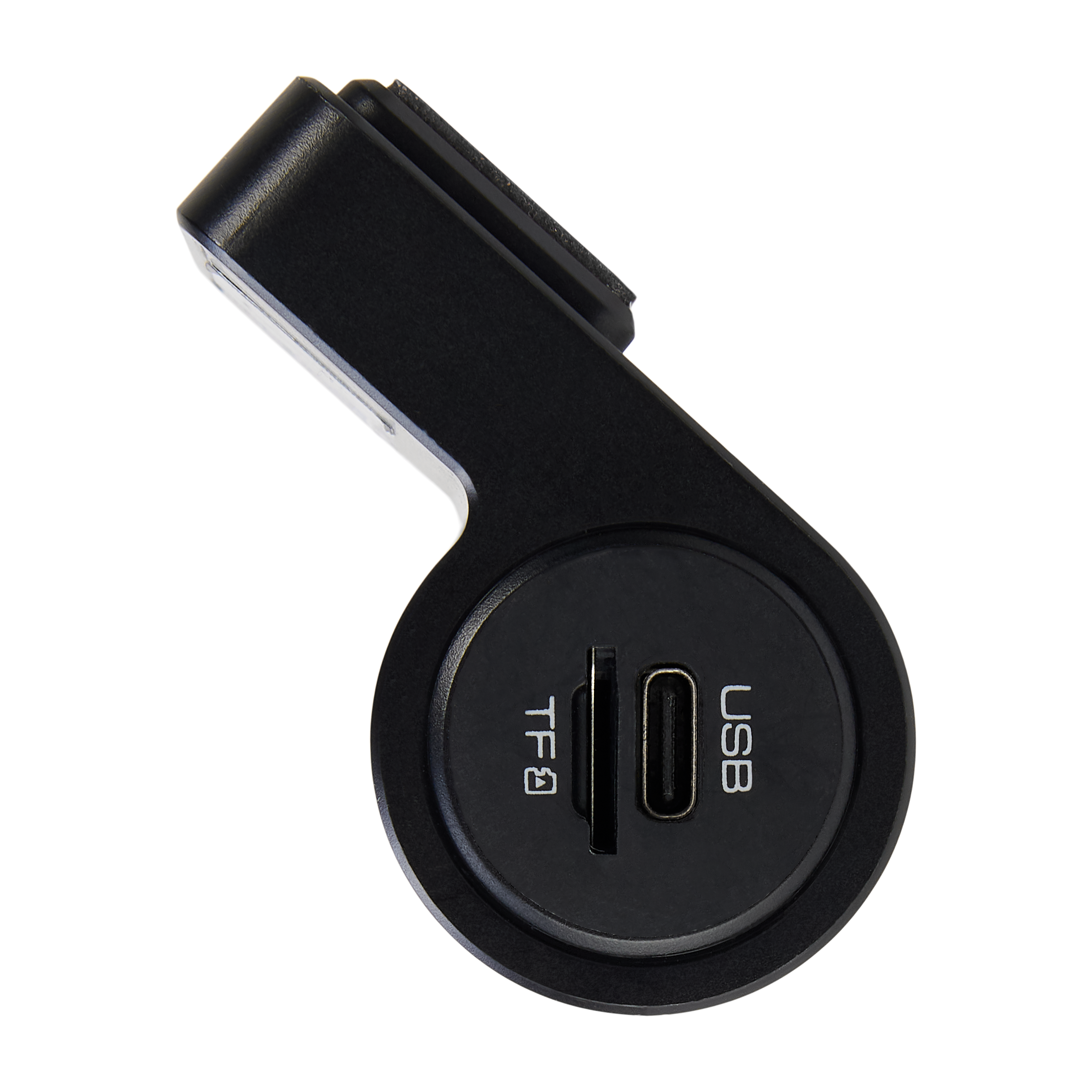 Black USB-C adapter with TF card slot. It has a black background.