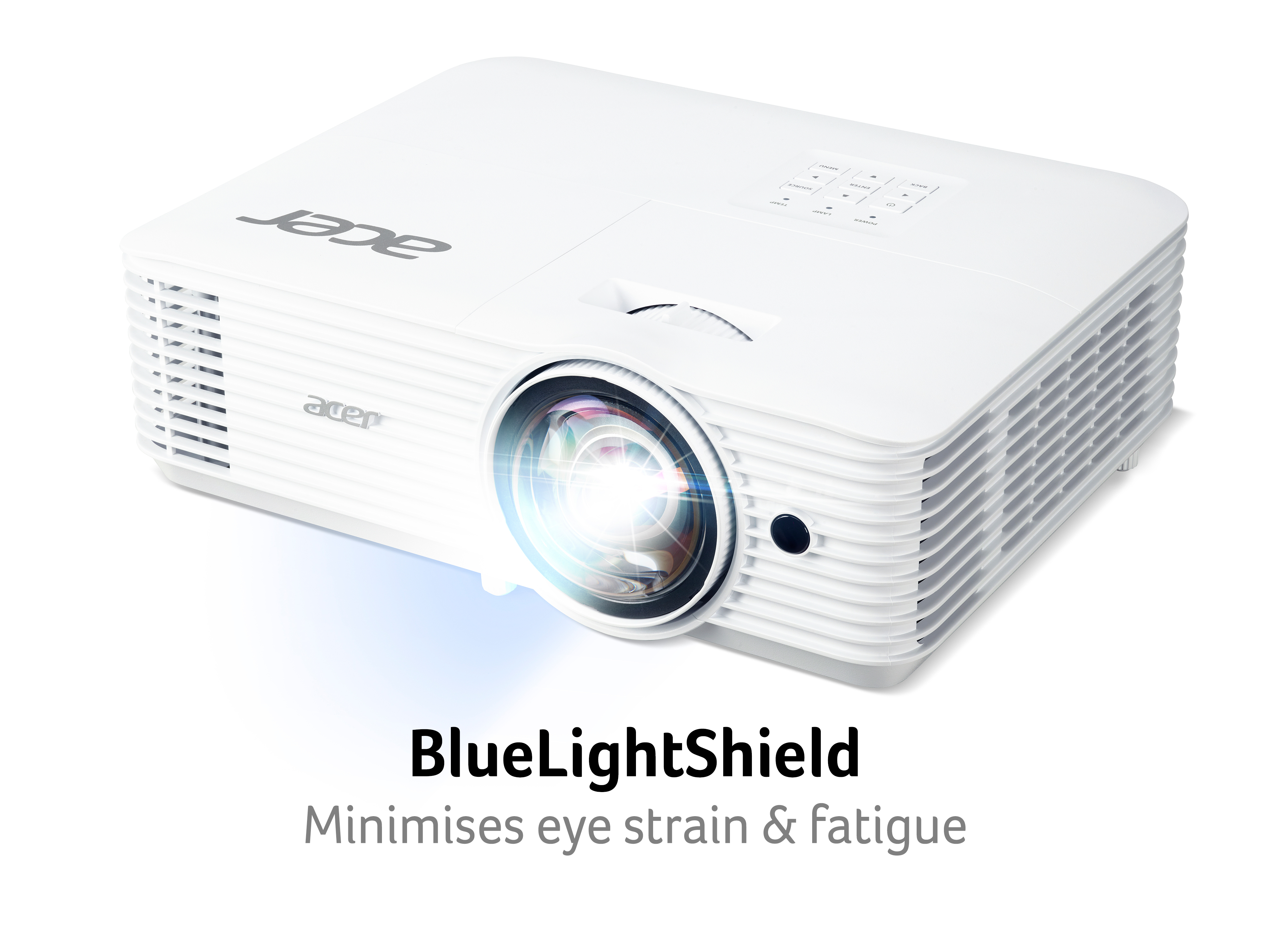 Proiettore Acer bianco con lente che emette luce. Testo: BlueLightShield, minimizza l'affaticamento degli occhi.