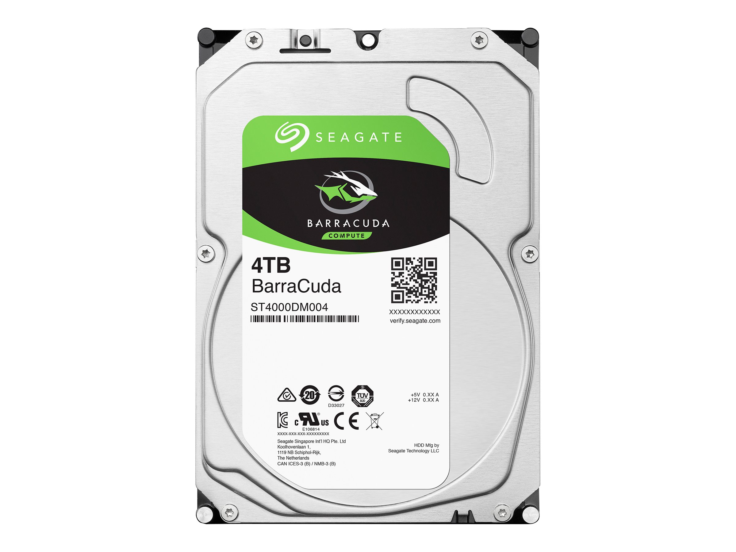 Dysk twardy Seagate Barracuda 4TB. Ma srebrną obudowę i zielono-czarną etykietę z logo Seagate.