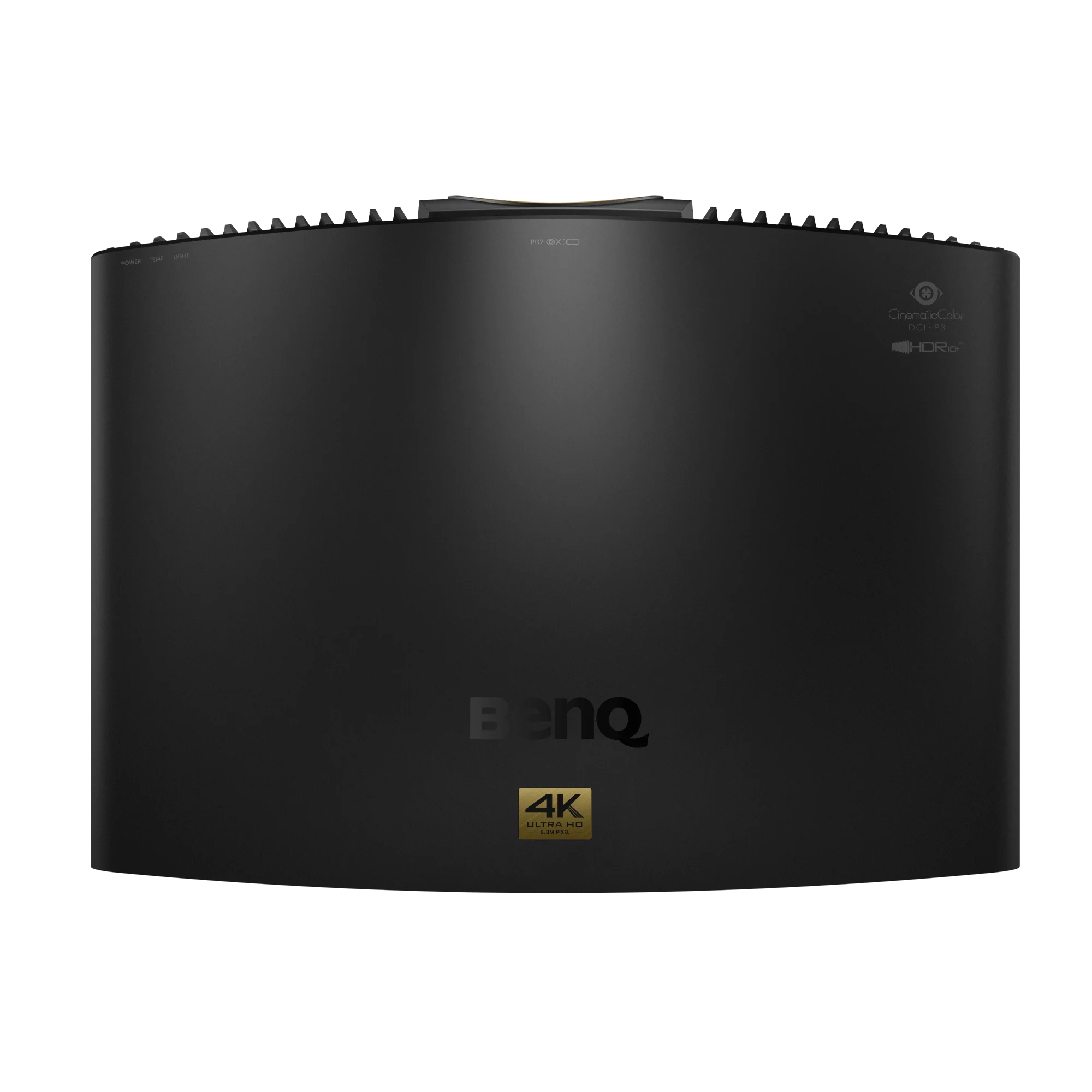 Un projecteur BenQ 4K noir. Il a un dessus incurvé, le logo BenQ et des étiquettes comme 'CinematicColor' et 'HDRi'.