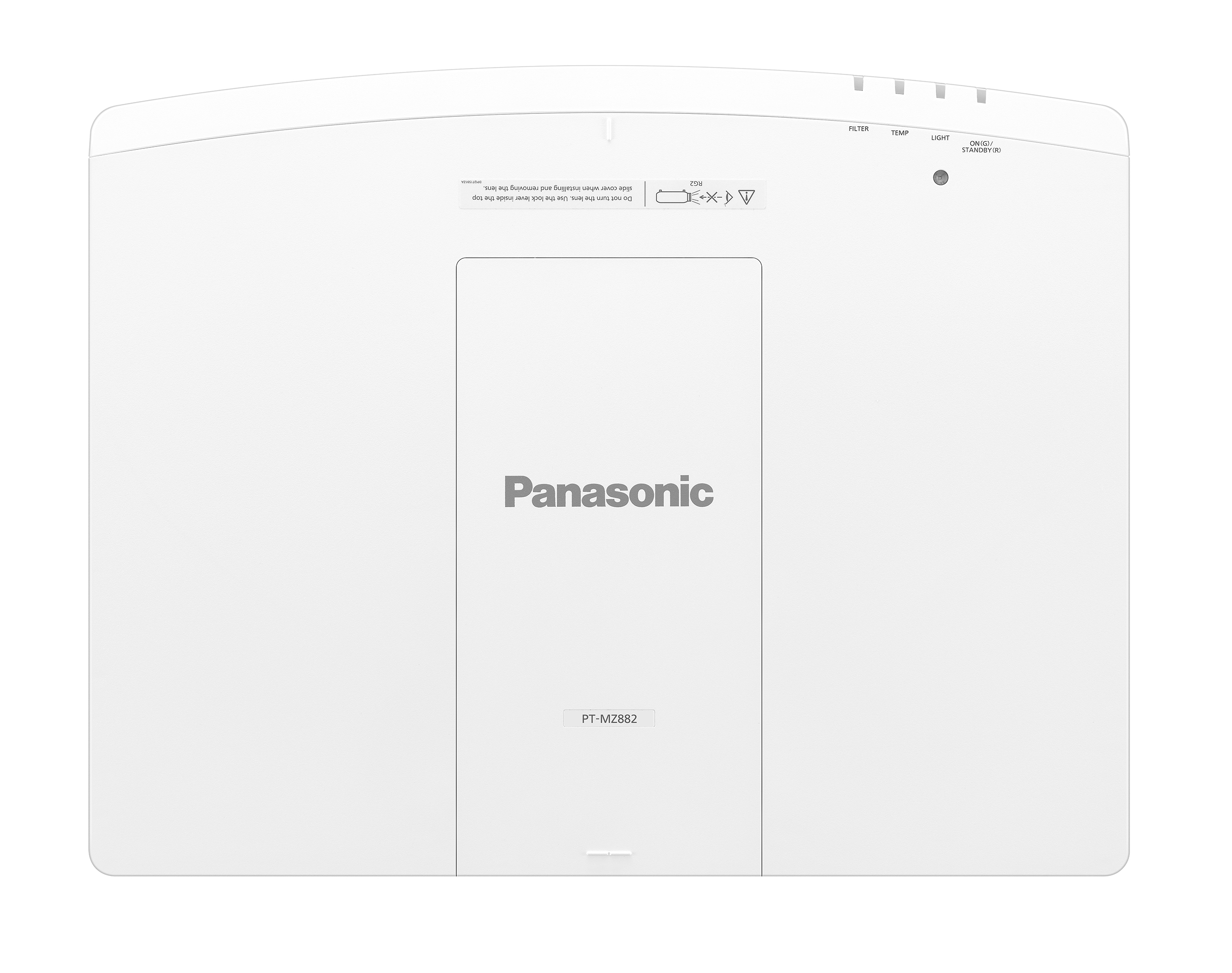Ein weißer Panasonic-Projektor. Er hat Beschriftungen wie Filter, Temp, Light und On/Standby. Modell PT-MZ882.