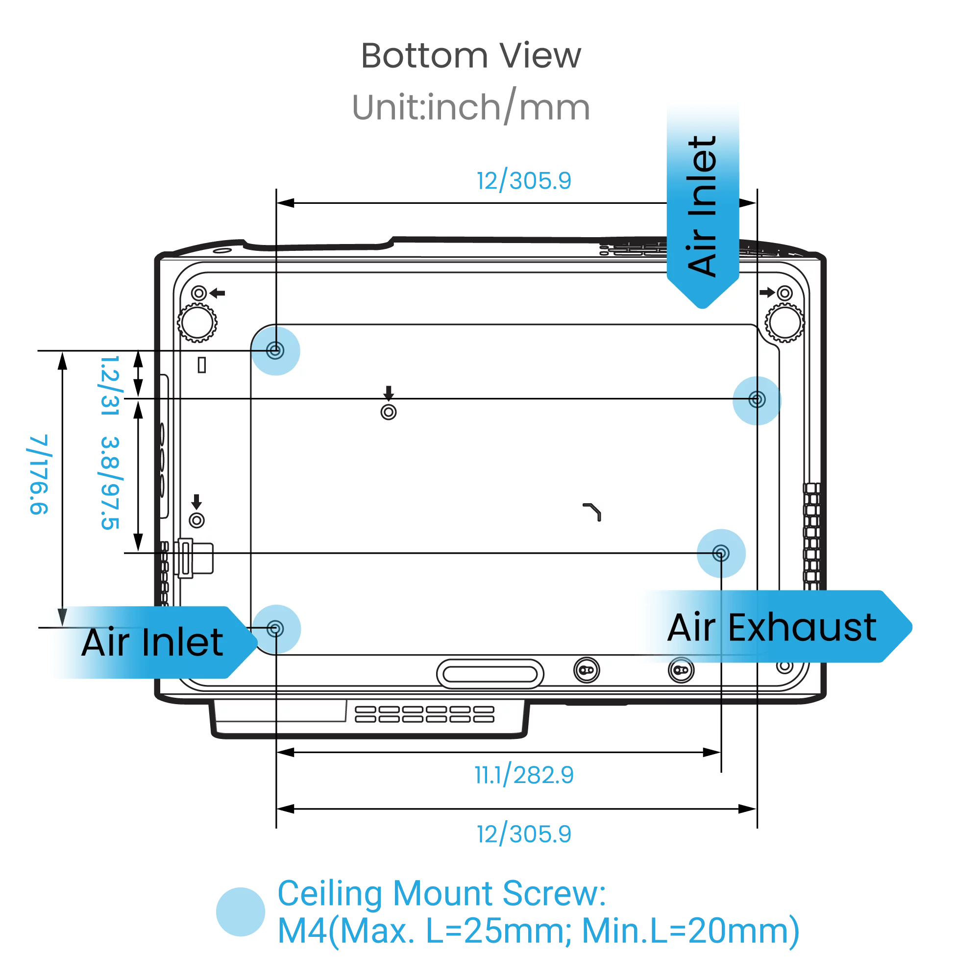 Schemat widoku dolnego z wymiarami. Zawiera wloty powietrza, wylot i szczegóły śrub mocujących.