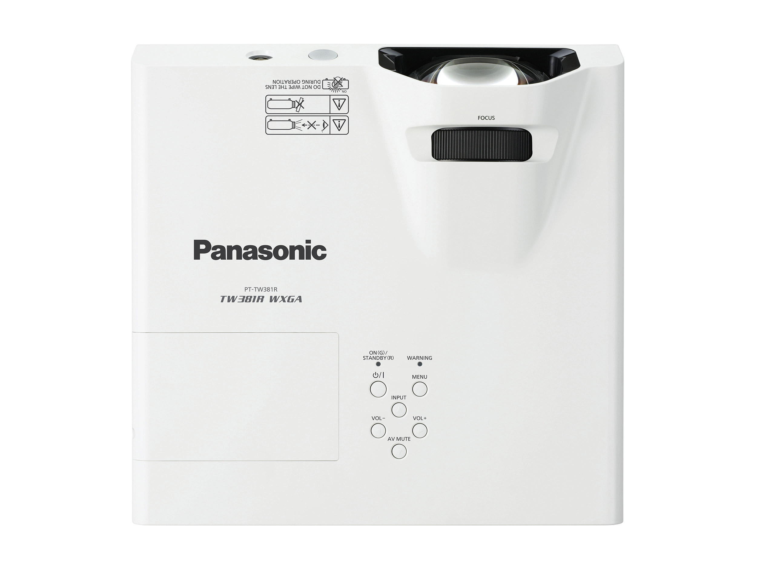Un proiettore Panasonic bianco con pulsanti. Ha un obiettivo e la scritta 'FOCUS'.