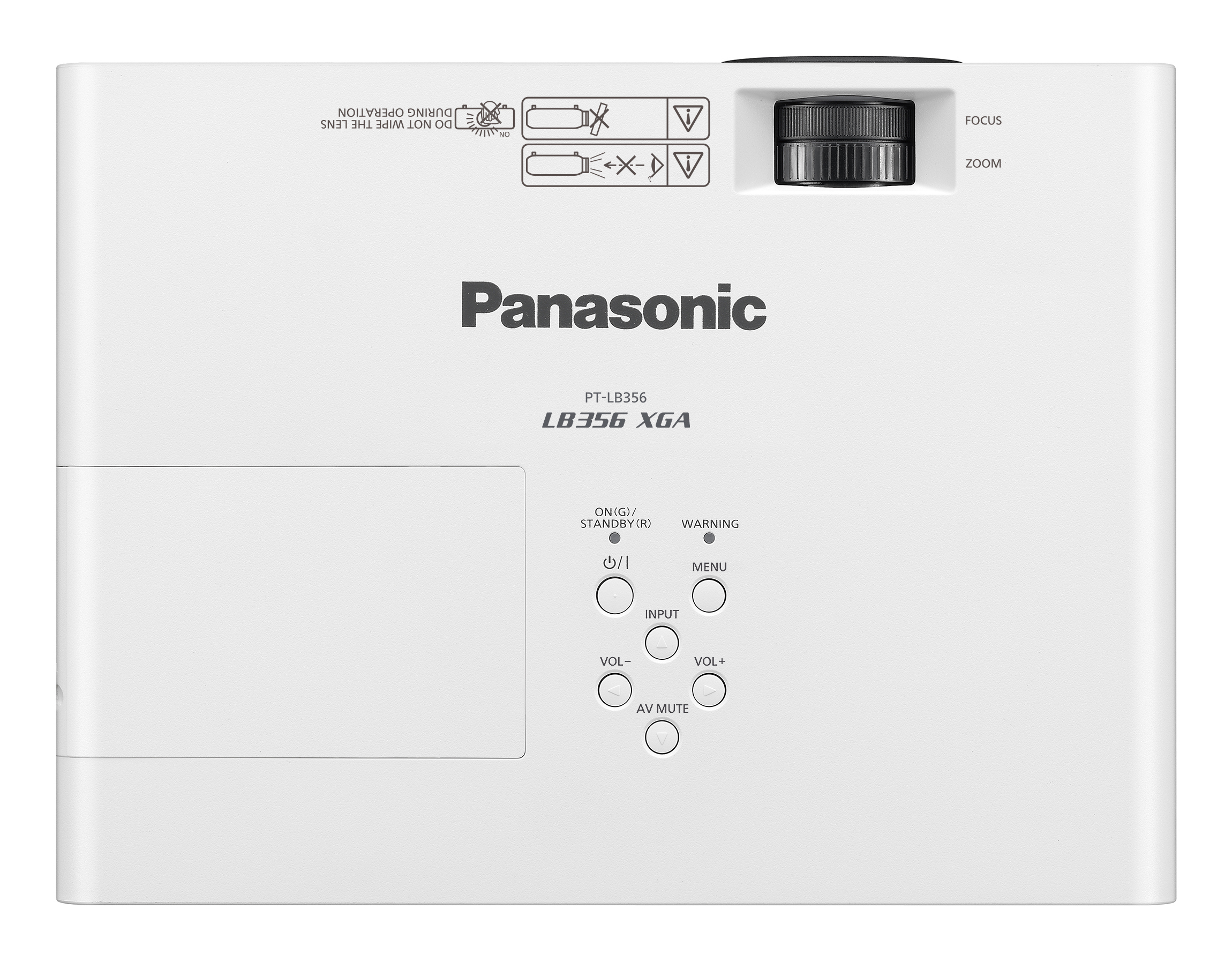 Un proiettore Panasonic bianco ha comandi zoom e messa a fuoco. Ha pulsanti per accensione, ingresso e volume.