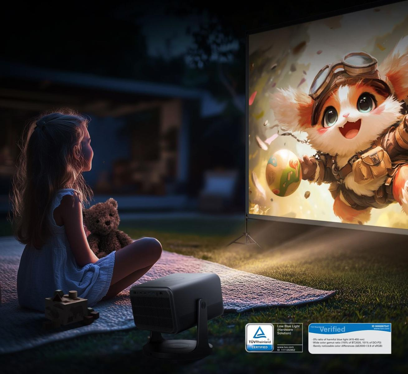 Une fille regarde un dessin animé projeté sur un écran en extérieur. Un projecteur est posé sur un tapis. Un ours en peluche et un jouet sont à côté d'elle.