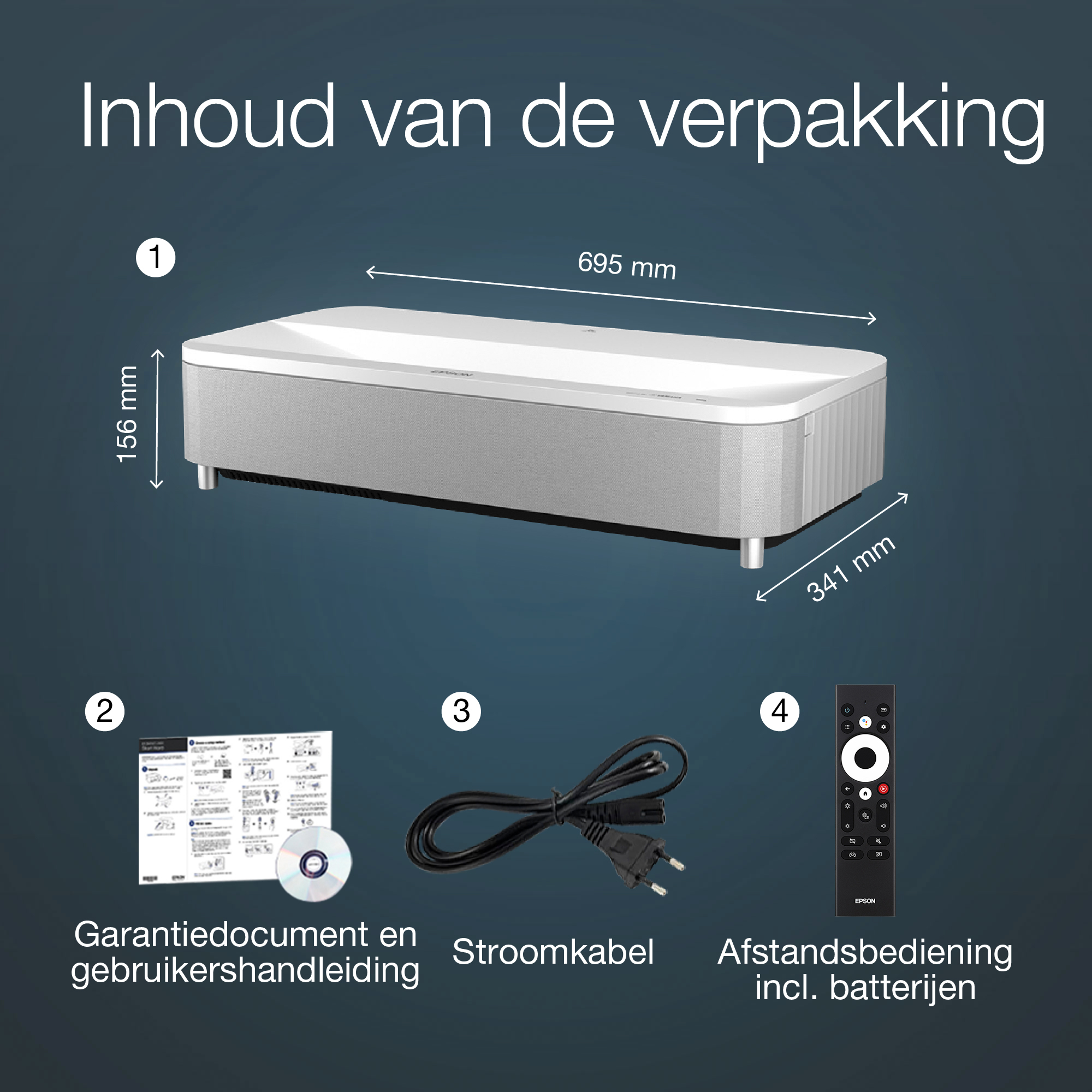 Zdjęcie przedstawia projektor, gwarancję, kabel zasilający i pilota. Wymiary są również wskazane.