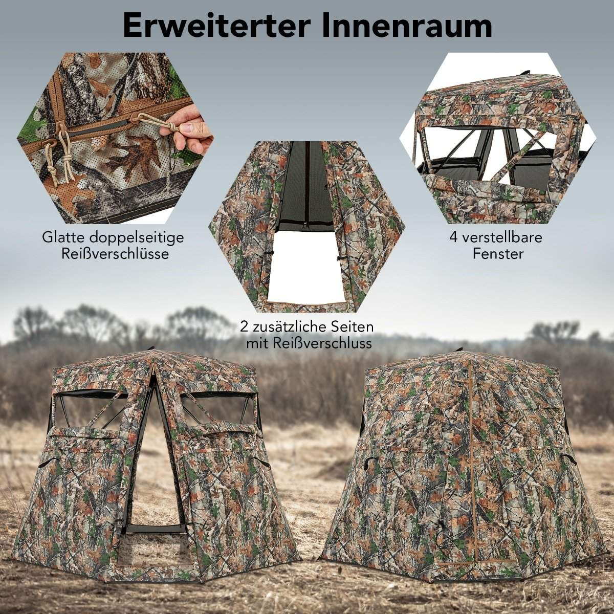 Cabaña de caza de camuflaje con múltiples ventanas y cremalleras. También hay fotos detalladas de cremalleras y el interior.