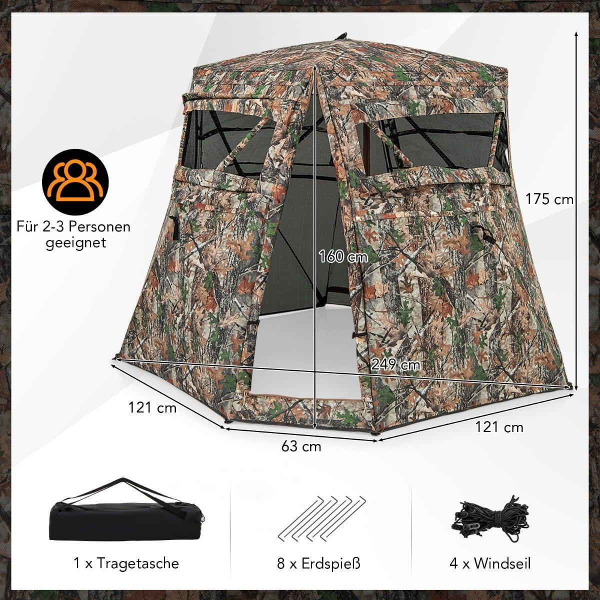 Un refugio de caza camuflado con dimensiones. Accesorios: bolsa de transporte, estacas, cuerdas. Texto: Para 2-3 personas.