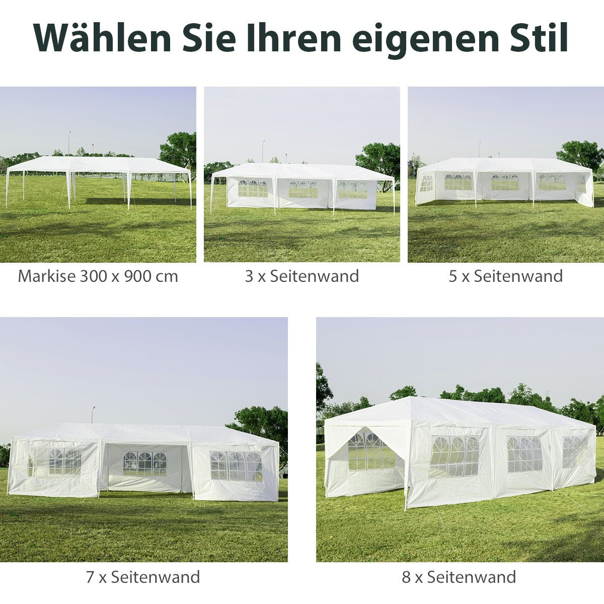 Imagen muestra diferentes carpas blancas en césped. Títulos describen variaciones como 'Markise', '3x Seitenwand', hasta '8x Seitenwand'.